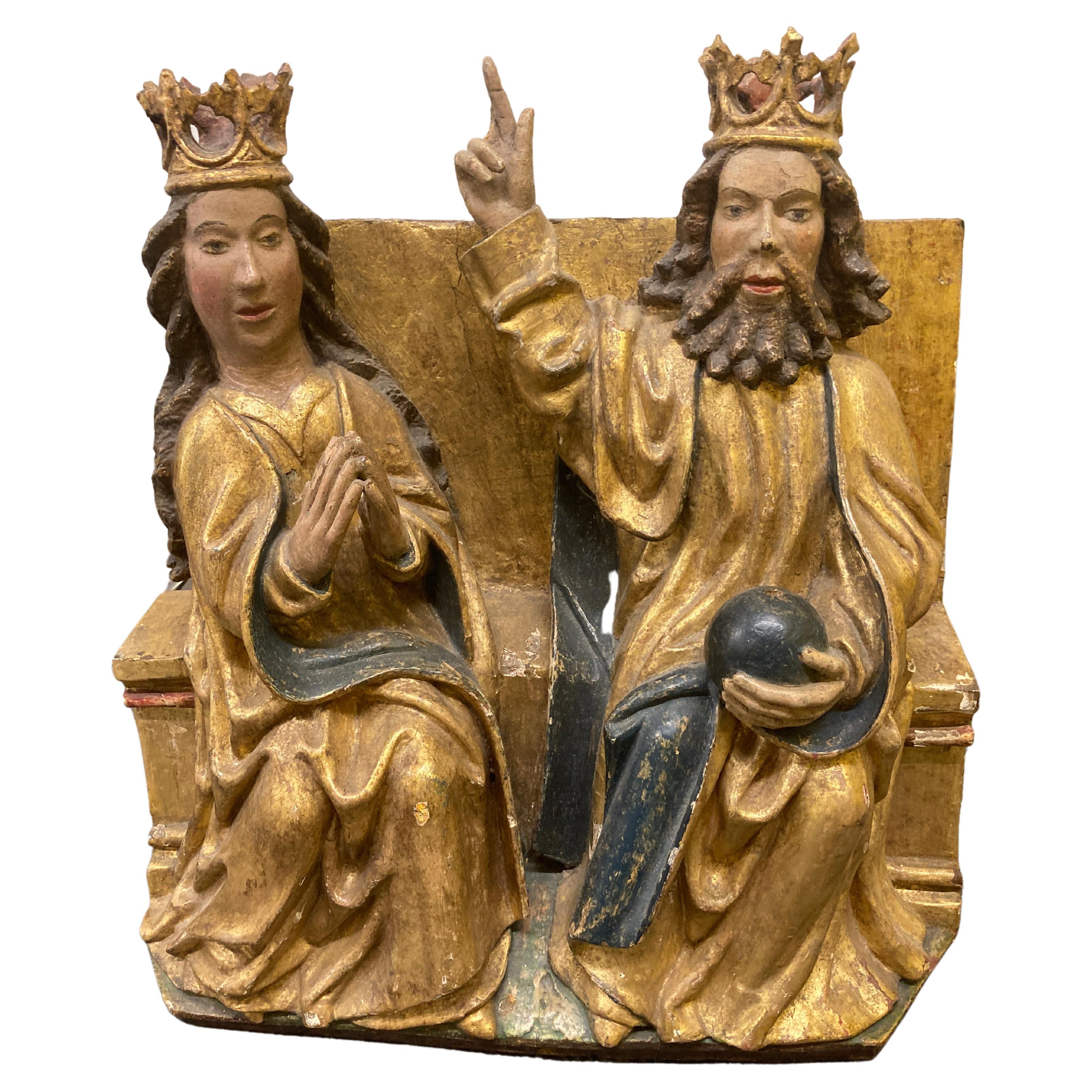 16th Century Giltwood and Polychrome Group Carving – 'God and Mary'