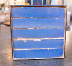 16th Century Glazed Ceramic Tile with Iron Frame, Vintage Blue Decor