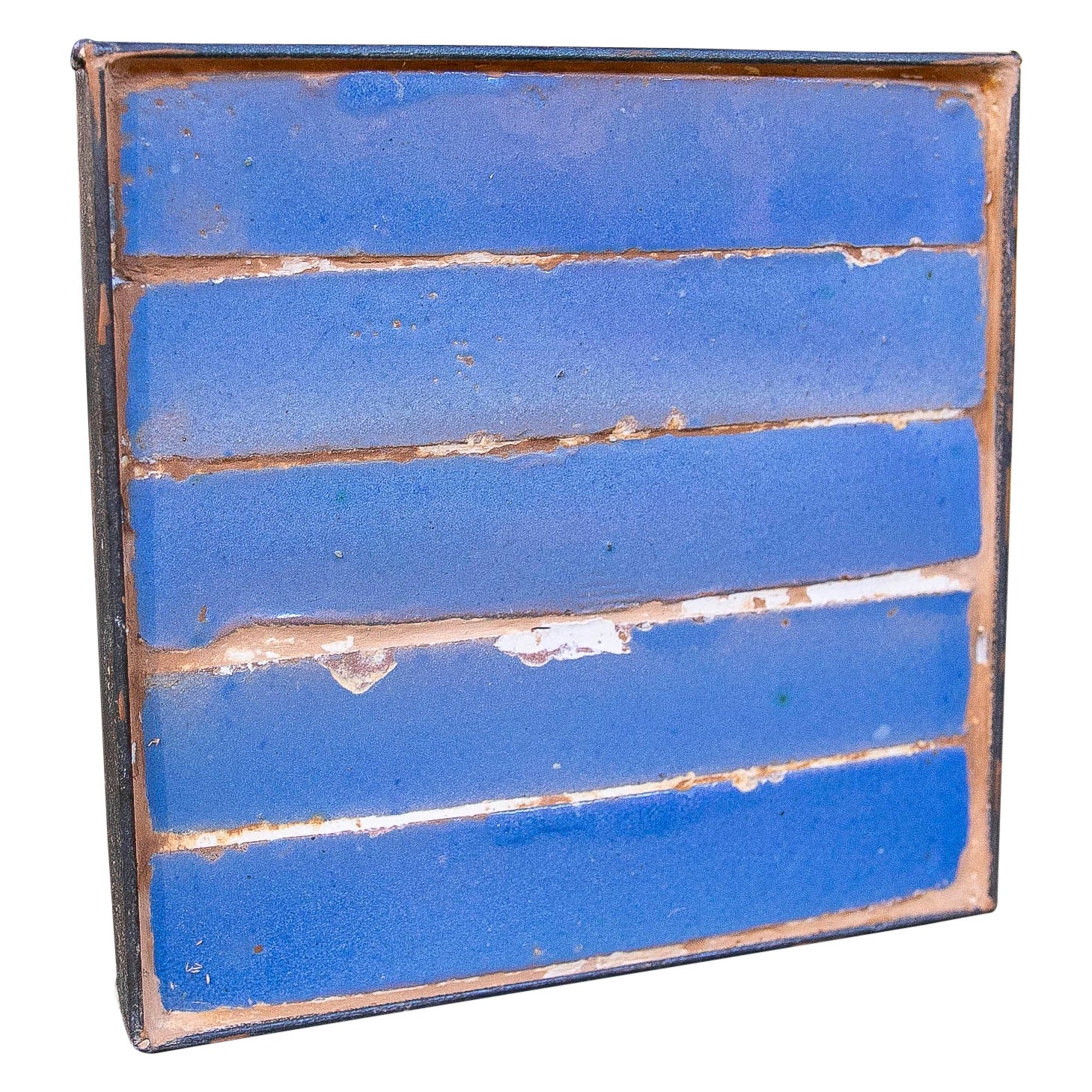 16th Century Glazed Ceramic Tile with Iron Frame, Vintage Blue Decor