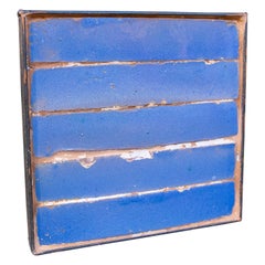 16th Century Glazed Ceramic Tile with Iron Frame, Vintage Blue Decor