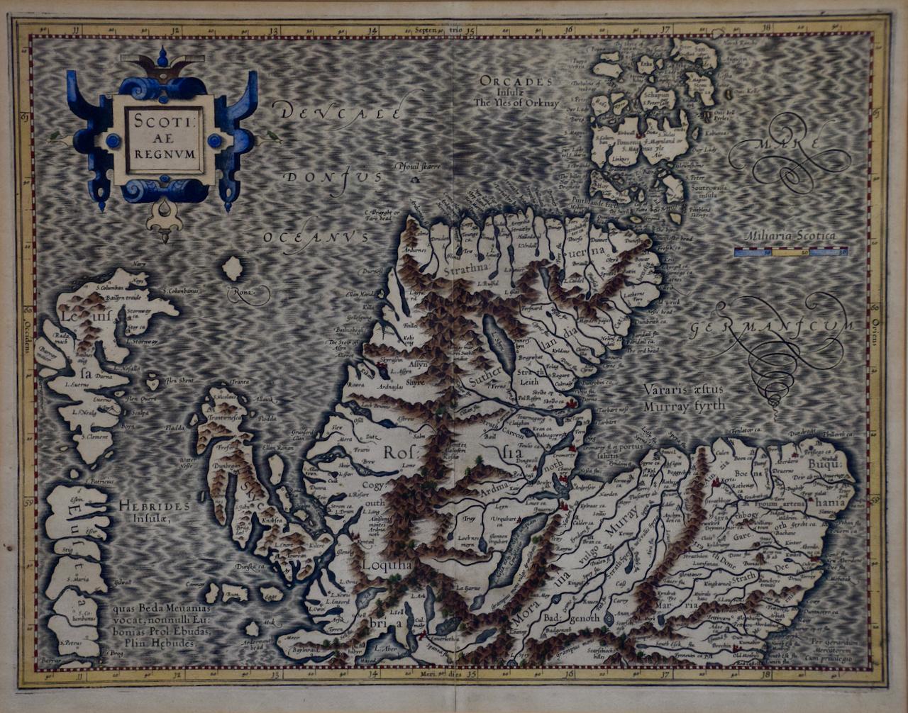 A framed hand-colored 16th century map of Northern Scotland by Gerard Mercator entitled 