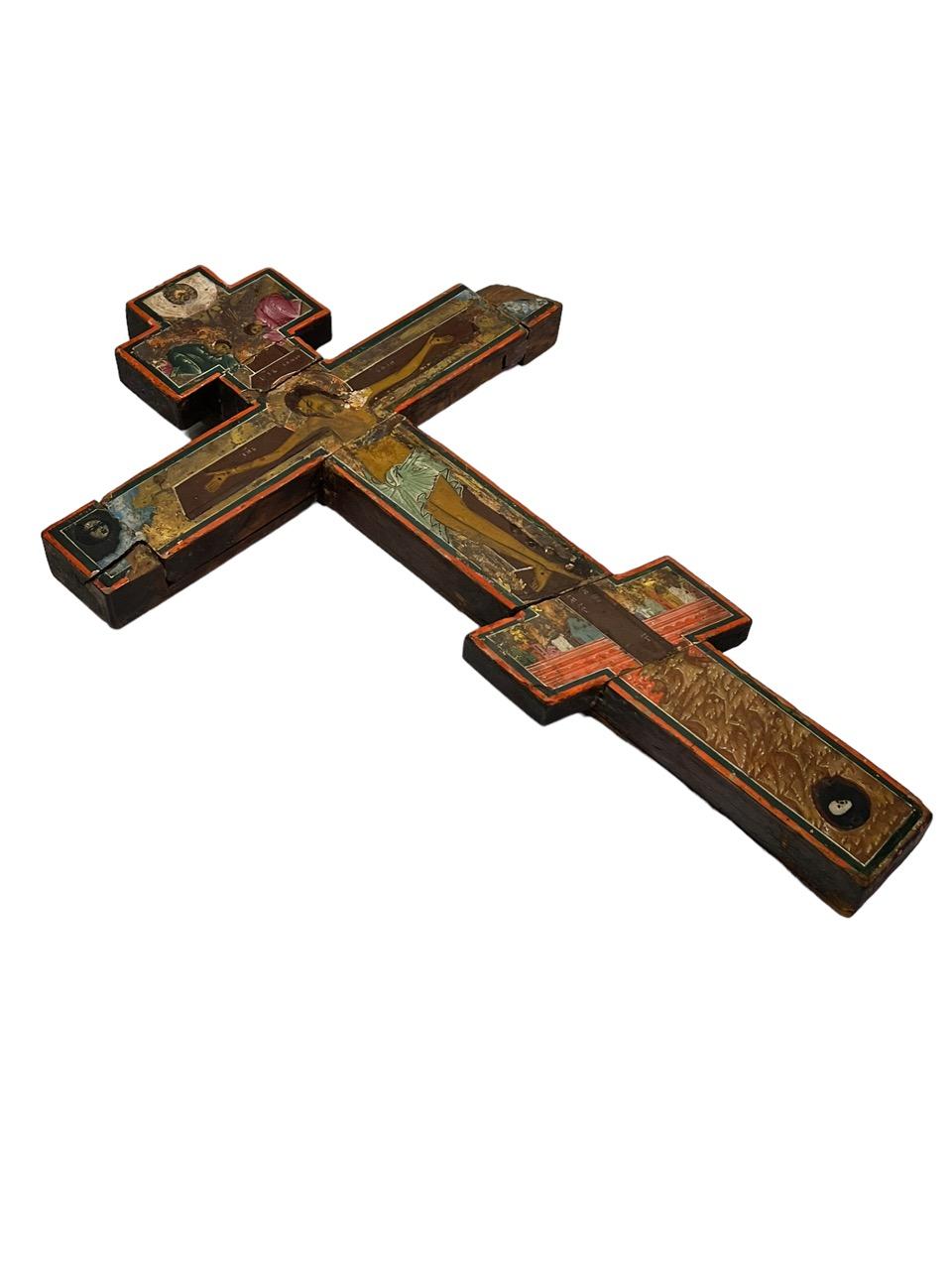 16th Century Hand-Painted and Carved Wood Russian Orthodox Cross For Sale 4