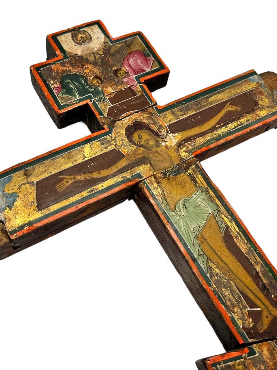 Hand-Carved 16th Century Hand-Painted and Carved Wood Russian Orthodox Cross For Sale