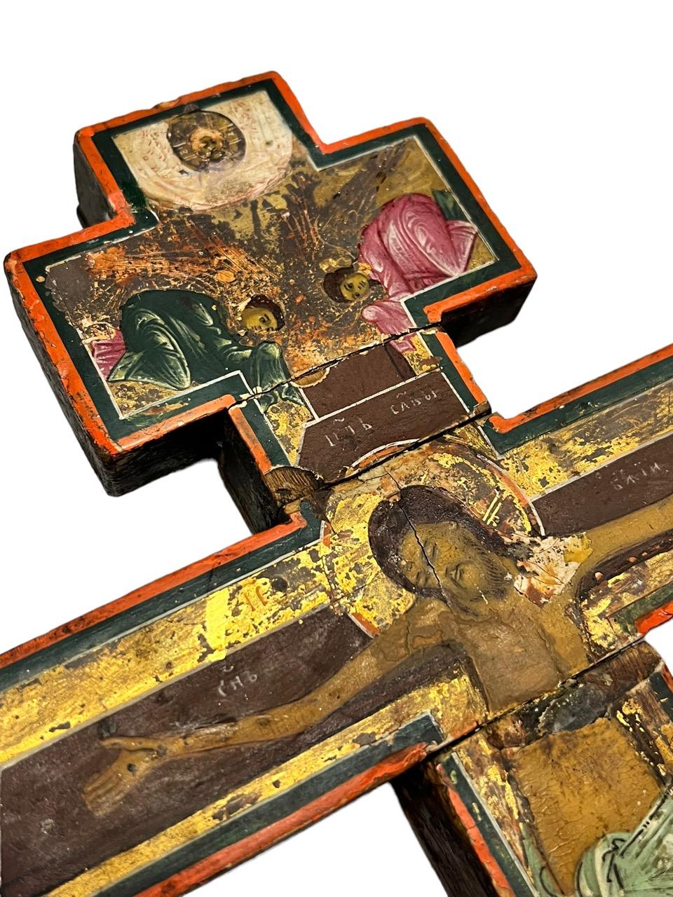 16th Century Hand-Painted and Carved Wood Russian Orthodox Cross In Distressed Condition For Sale In North Miami, FL