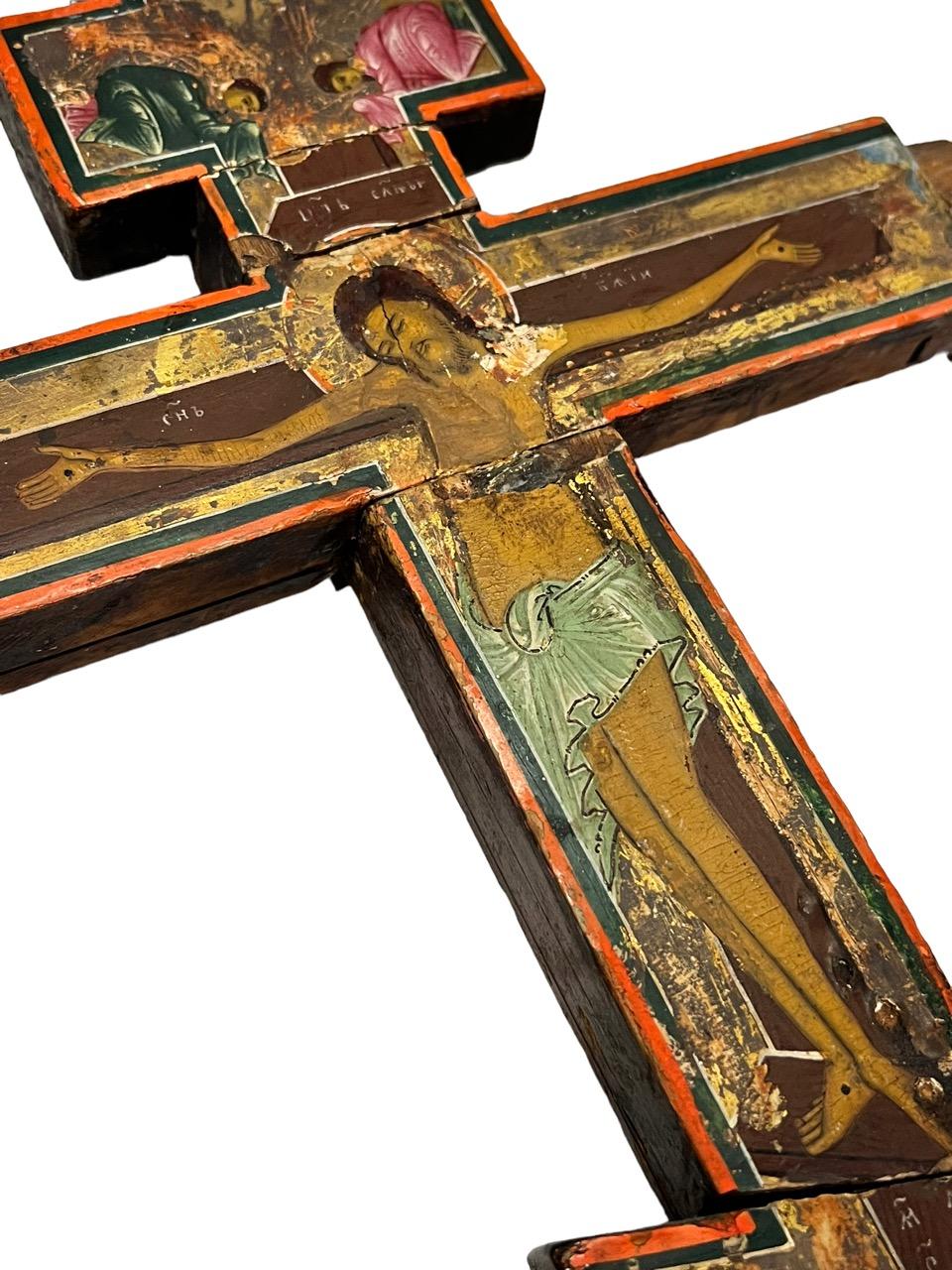 18th Century and Earlier 16th Century Hand-Painted and Carved Wood Russian Orthodox Cross For Sale