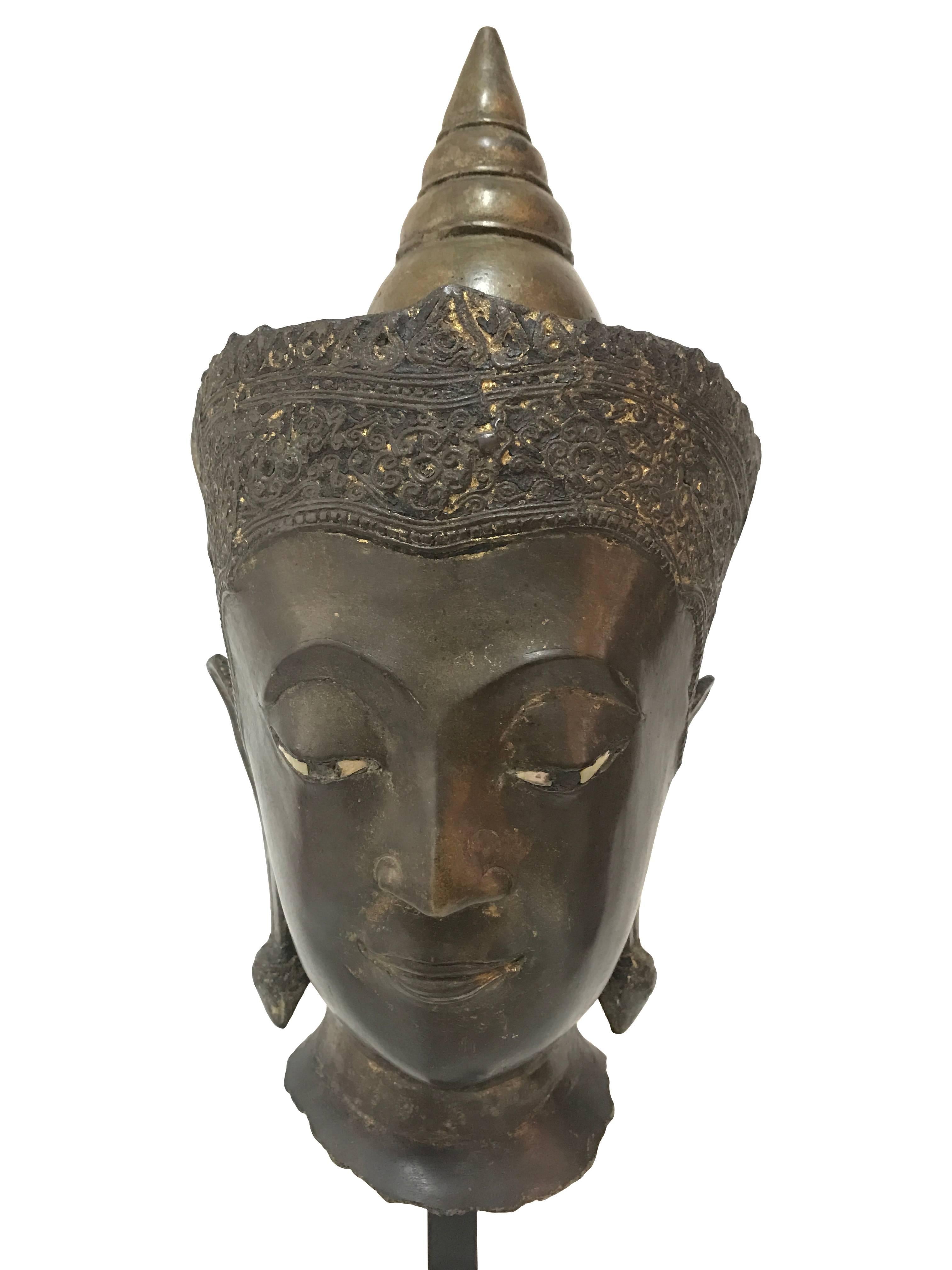 Cast 16th Century, Crowned Buddha Head, Kamphaeng Phet Period, Art of Thailand For Sale
