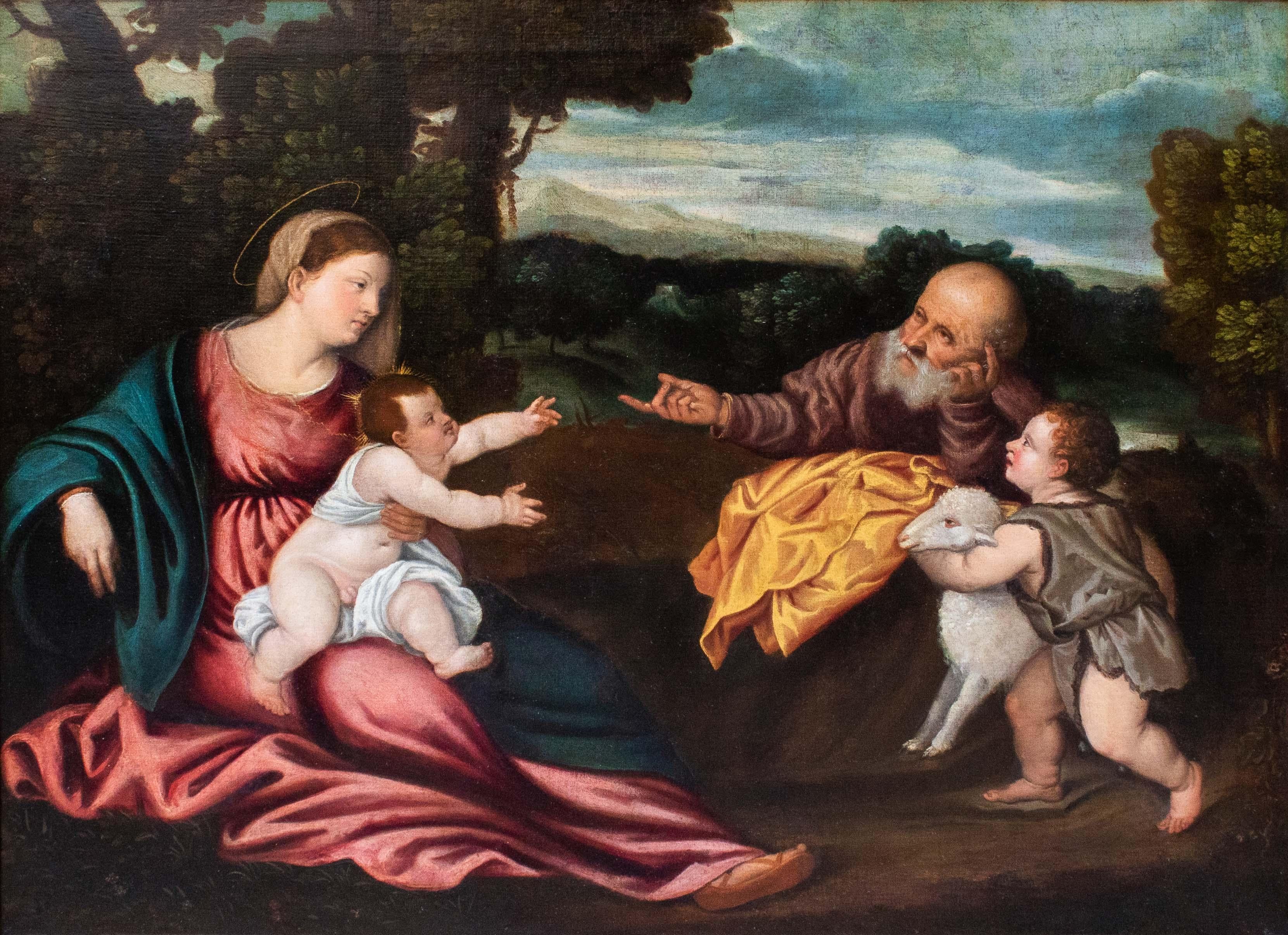 Workshop of Tiziano Vecellio (Pieve di Cadore, 1488/90 - Venice, 1576)
Holy Family with San Giovannino
Measures: Oil on canvas, 79 x 103 cm - with frame 95.5 x 119.5 cm

This painting derives from an invention by Titian, setting itself according