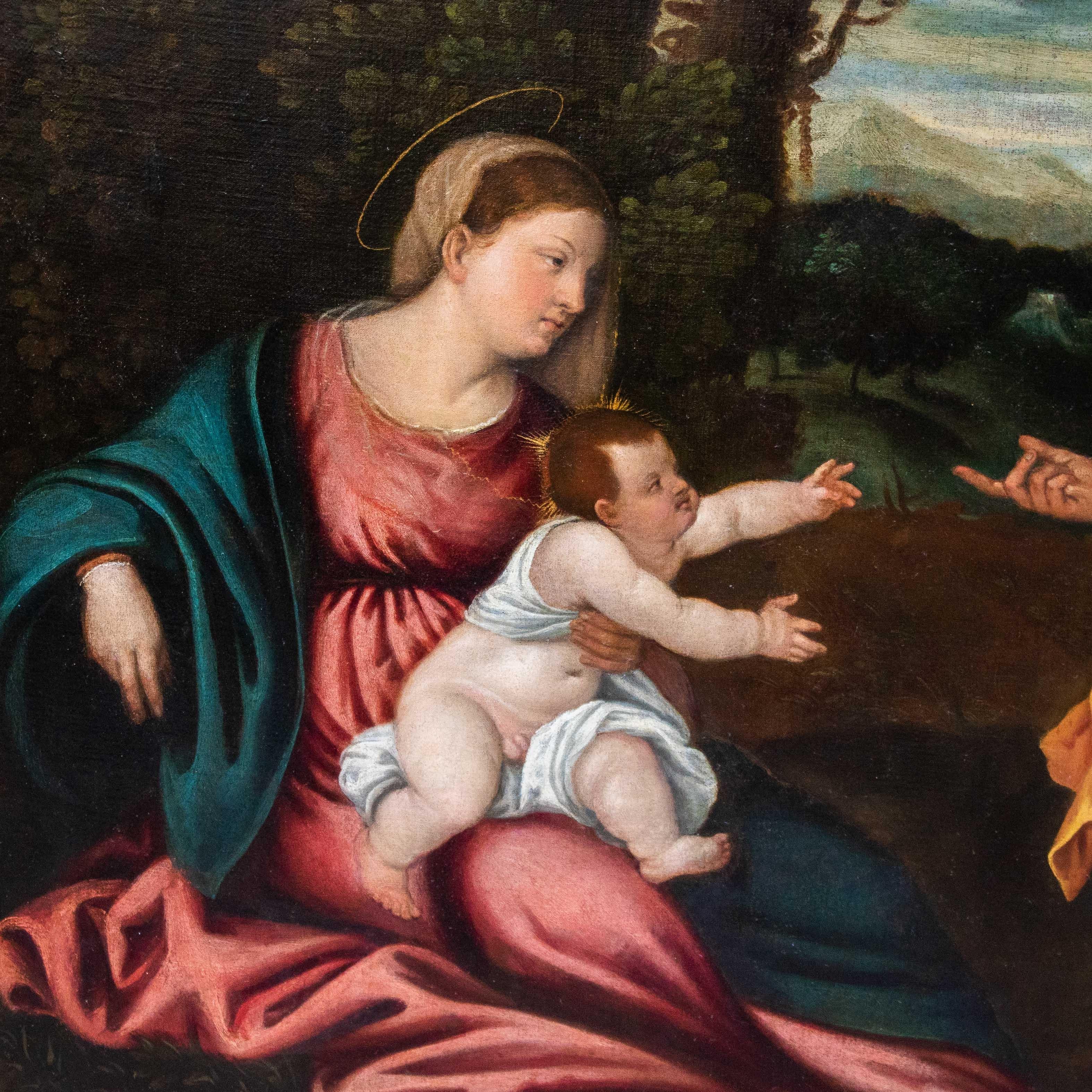 Italian 16th Century Holy Family with Saint John Painting Workshop of Titian Oil Canvas