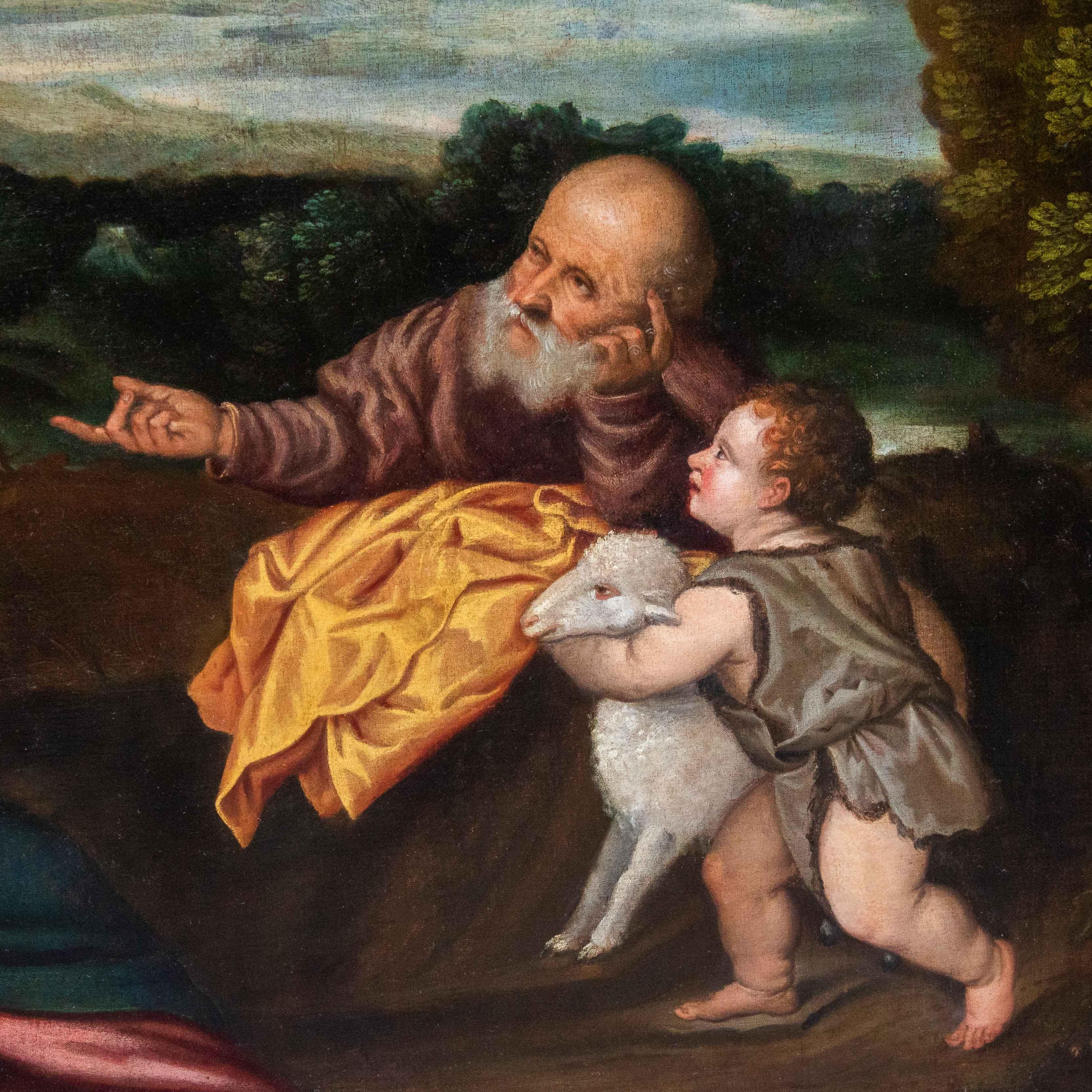 Oiled 16th Century Holy Family with Saint John Painting Workshop of Titian Oil Canvas