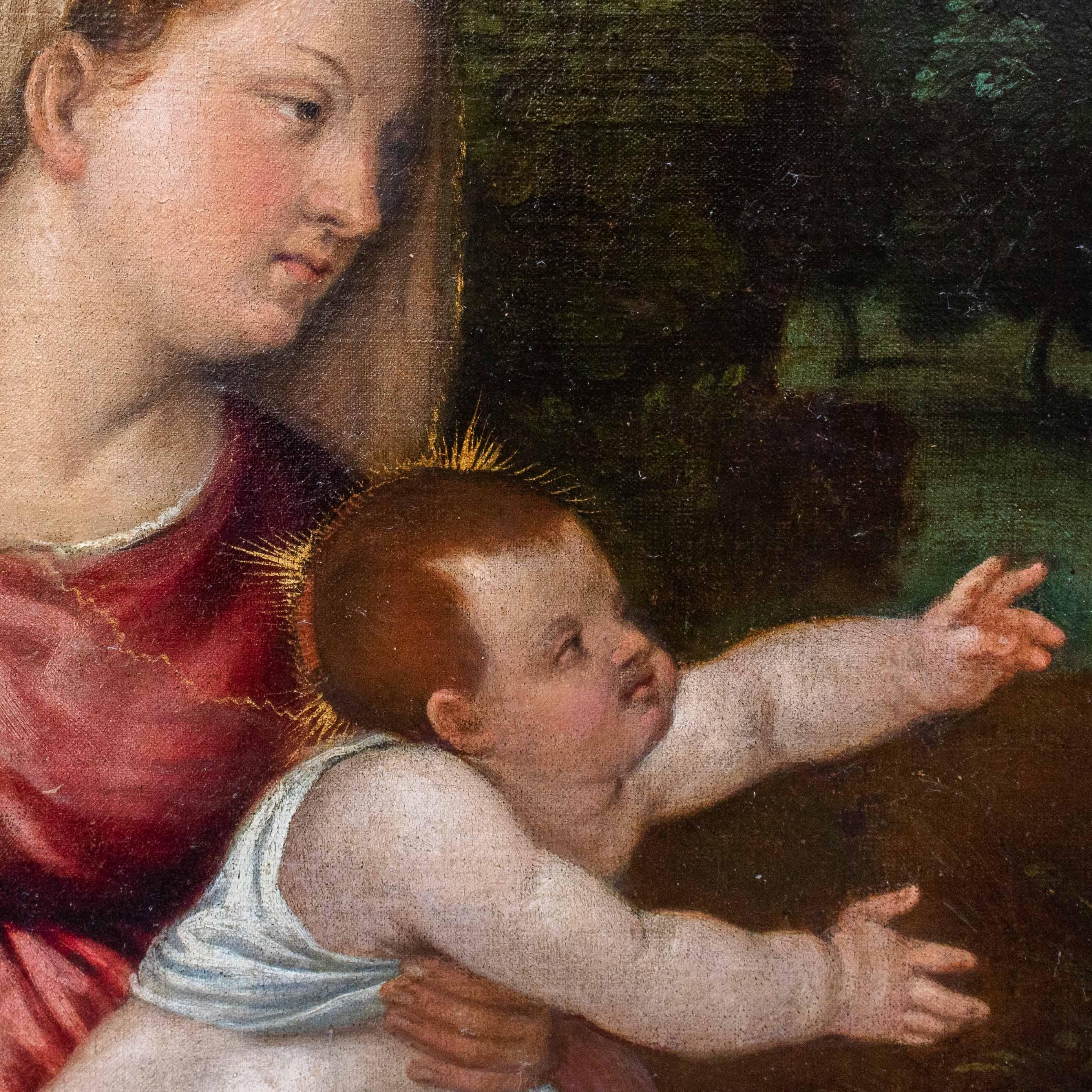 16th Century Holy Family with Saint John Painting Workshop of Titian Oil Canvas In Good Condition In Milan, IT