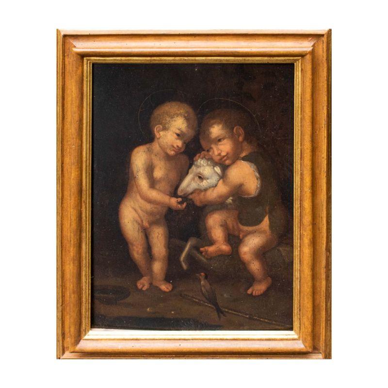 Master of Serumido (first half of the 16th century) Infant Jesus with Saint John the Baptist

Oil on panel, 67 x 49 cm

Frame 87 x 66 cm

The typically late Renaissance Florentine linearism is sublimated in the present painting by an