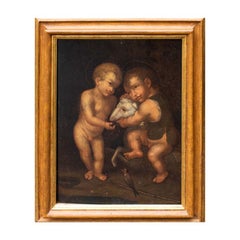 16th Century Infant Jesus with Saint John the Baptist Painting Oil on Panel