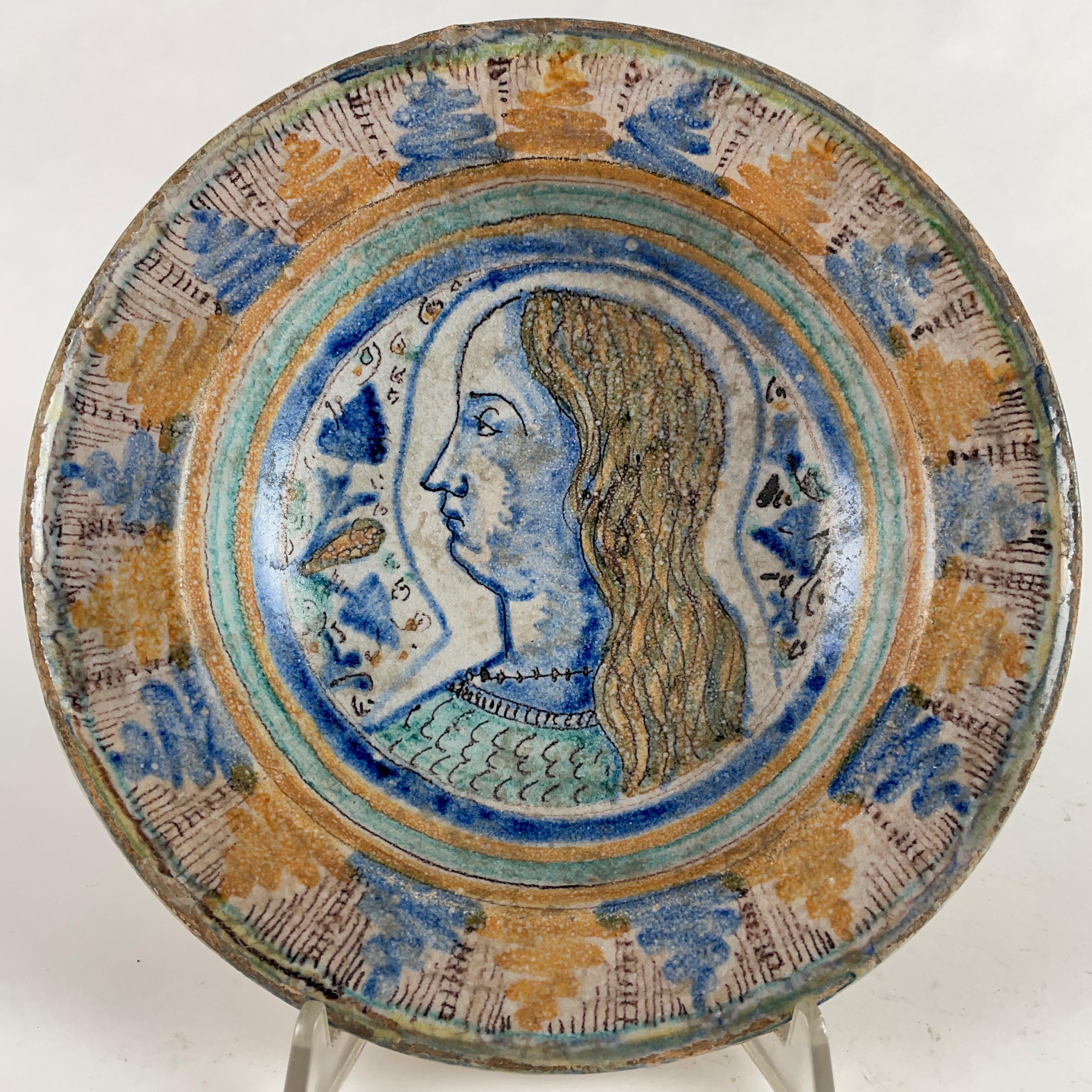 Hand-Painted 16th Century Italian Maiolica Faience Dish with a Young Man Portrait For Sale