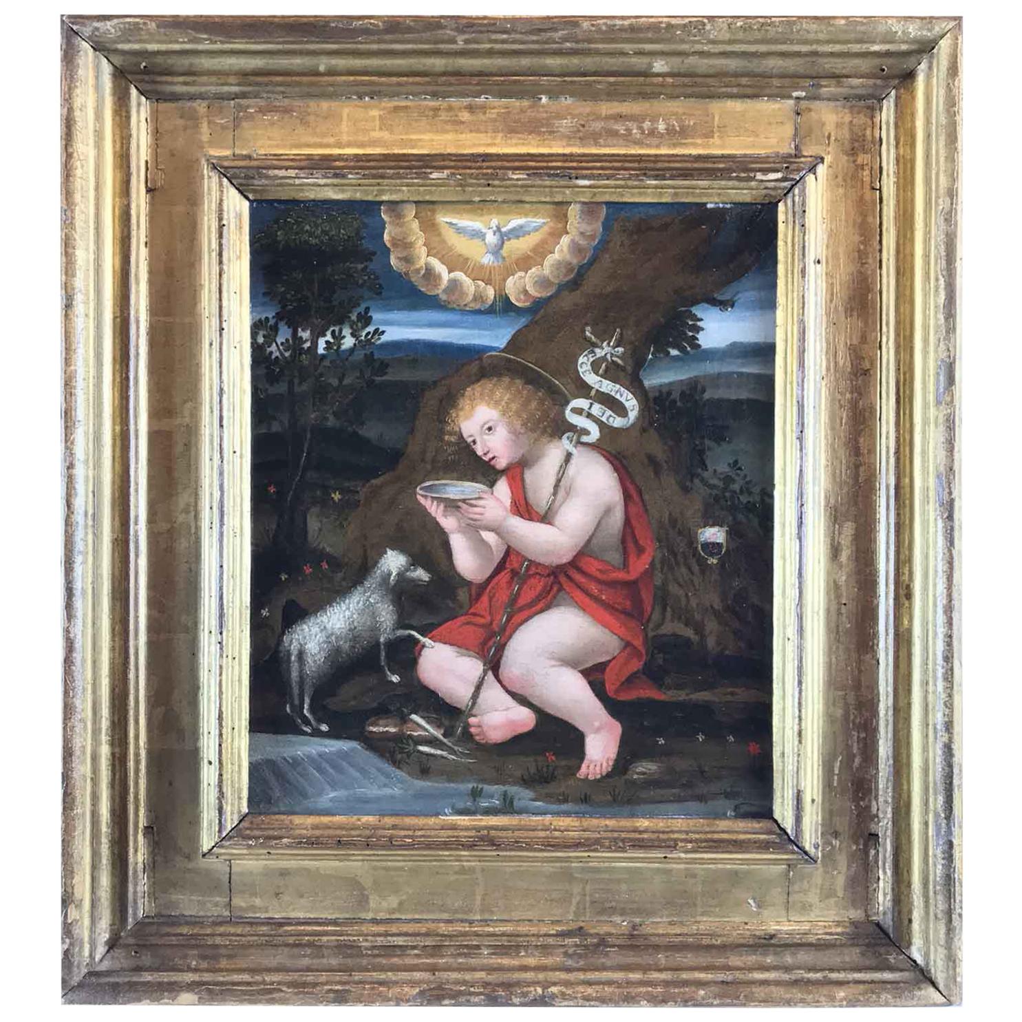 16th Century Italian Painting Saint John the Baptist with a Lamb Lombard School