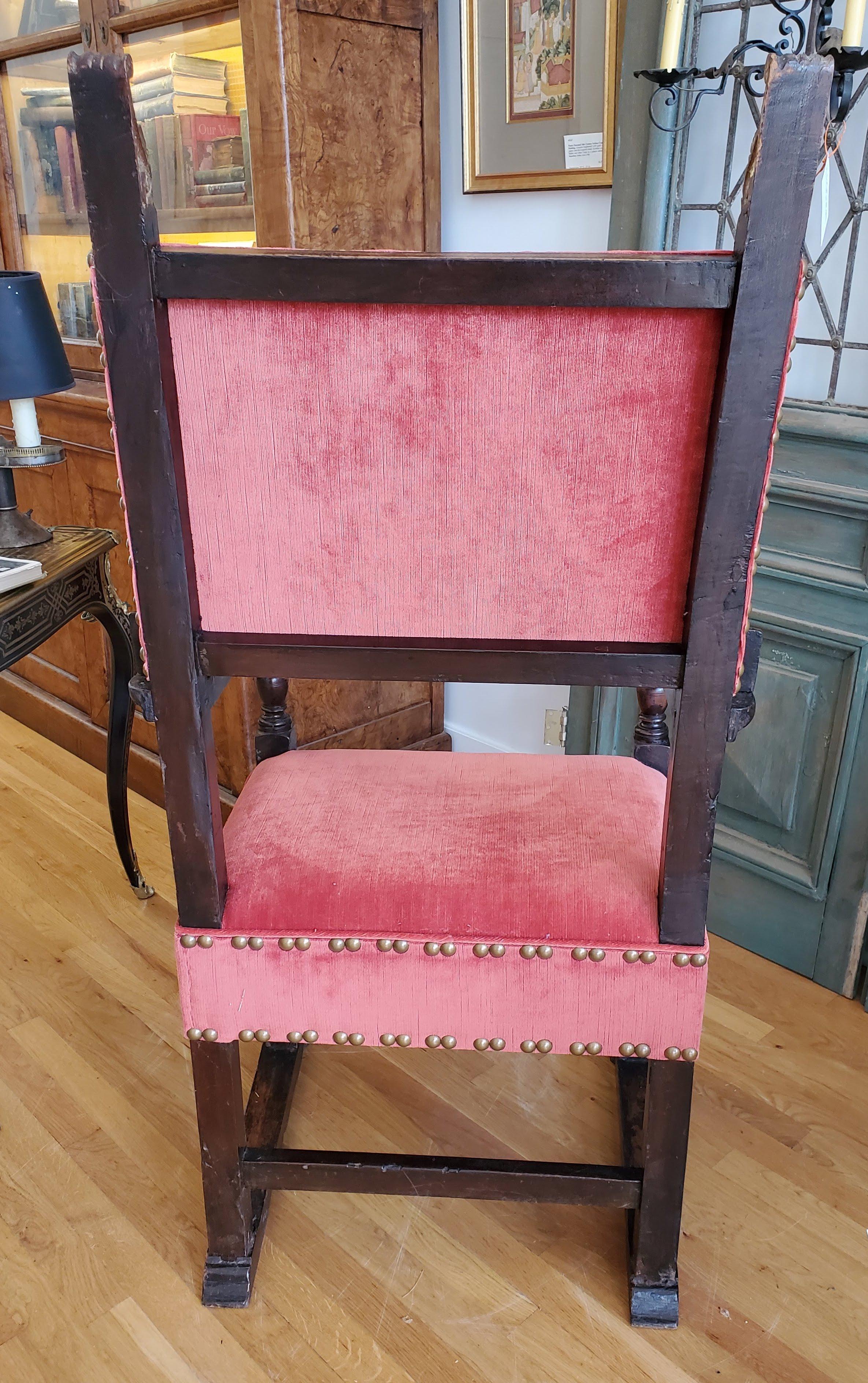 16th Century Italian Renaissance Walnut Armchair Reupholstered in Red Chenille In Good Condition In Middleburg, VA