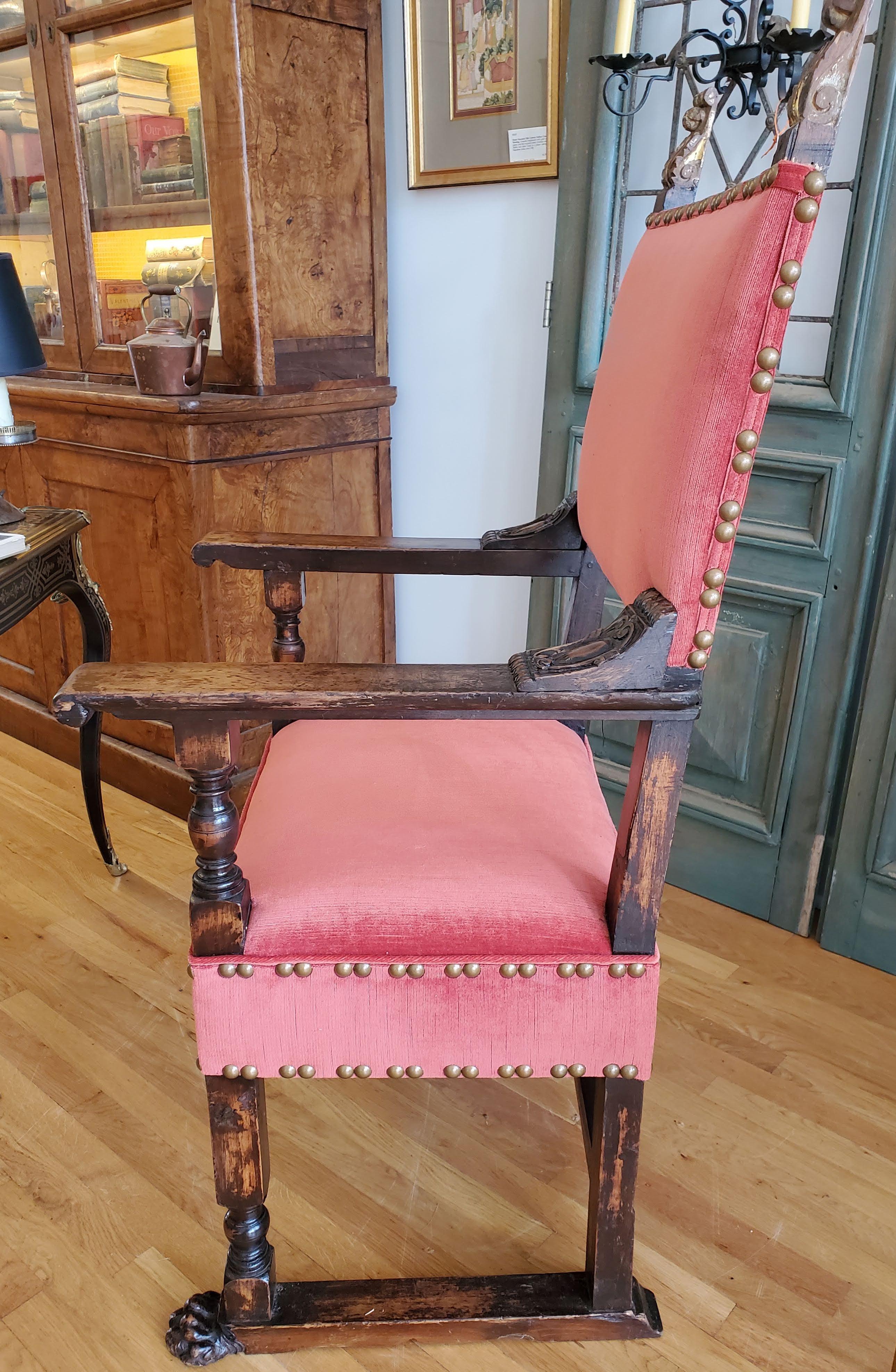 18th Century and Earlier 16th Century Italian Renaissance Walnut Armchair Reupholstered in Red Chenille