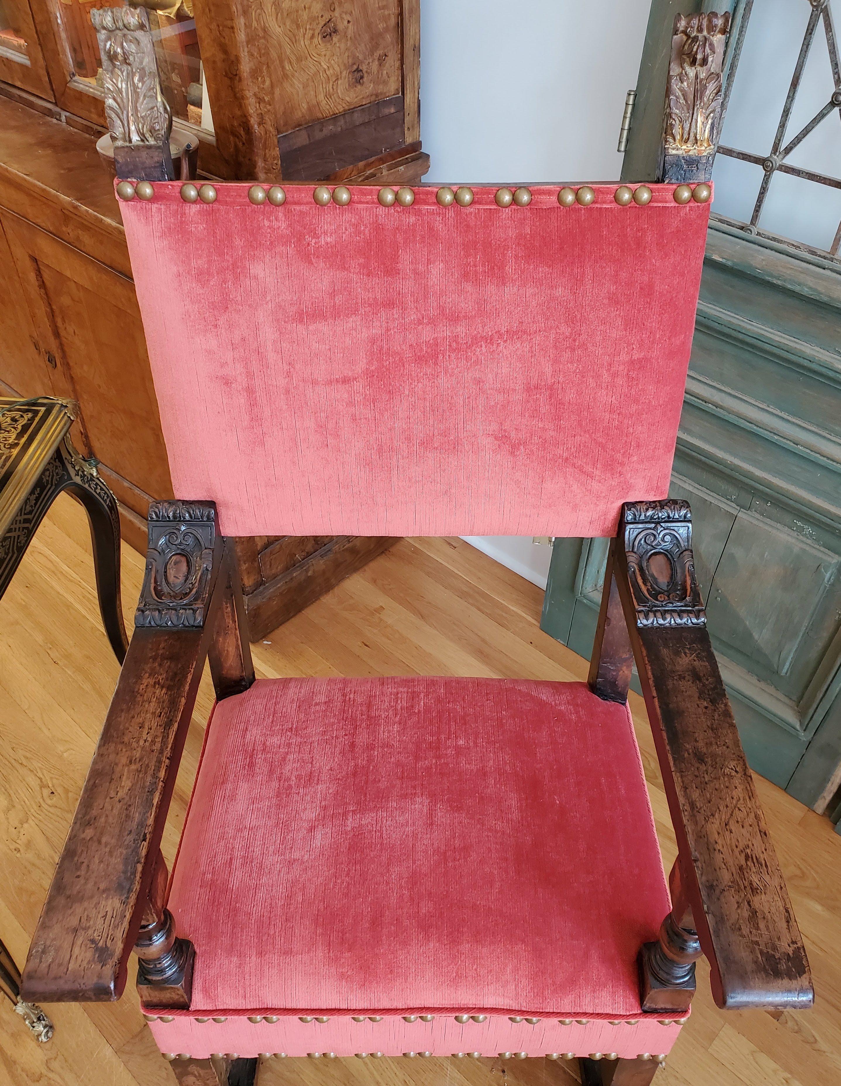 Brass 16th Century Italian Renaissance Walnut Armchair Reupholstered in Red Chenille