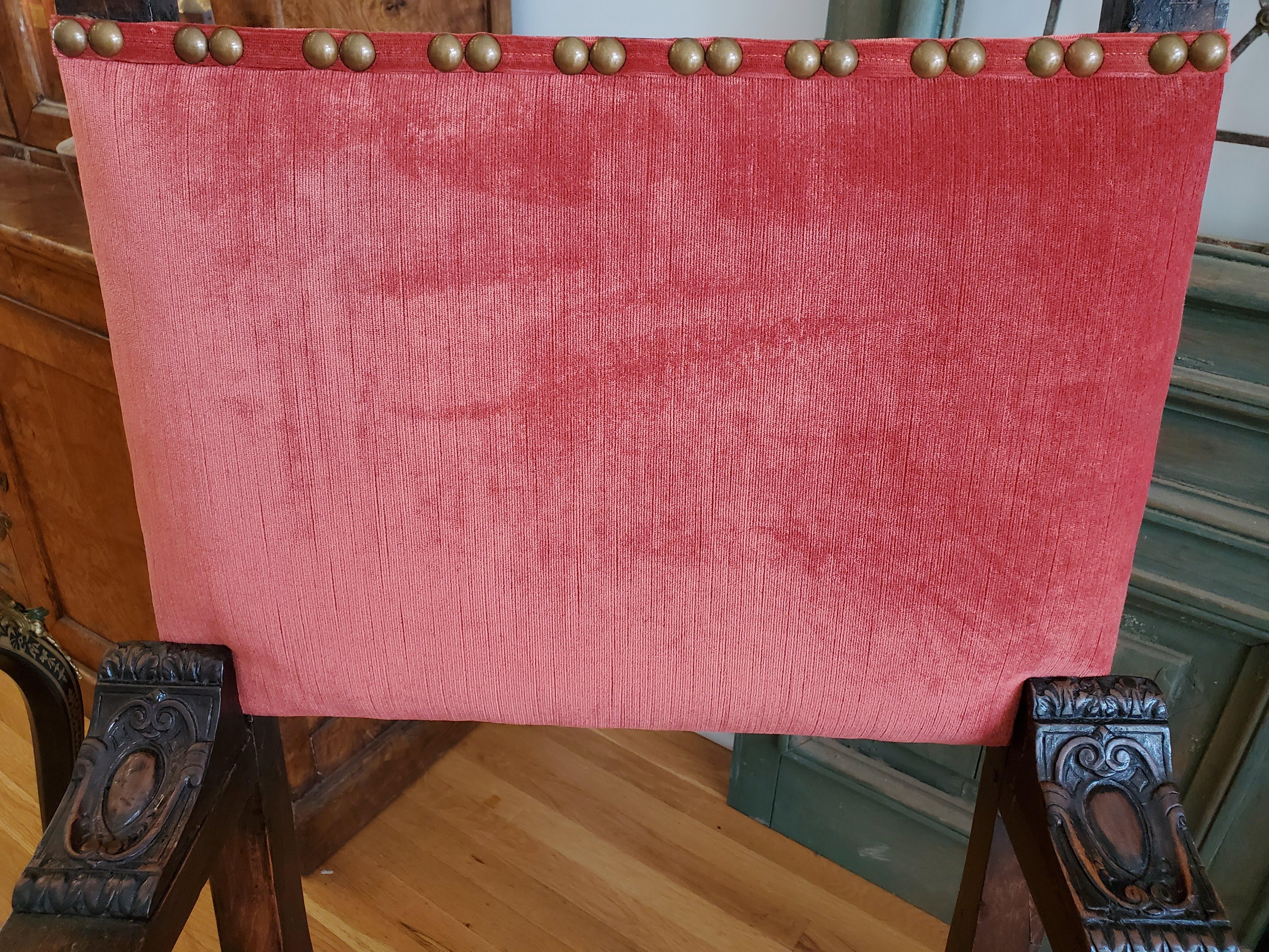 16th Century Italian Renaissance Walnut Armchair Reupholstered in Red Chenille 2