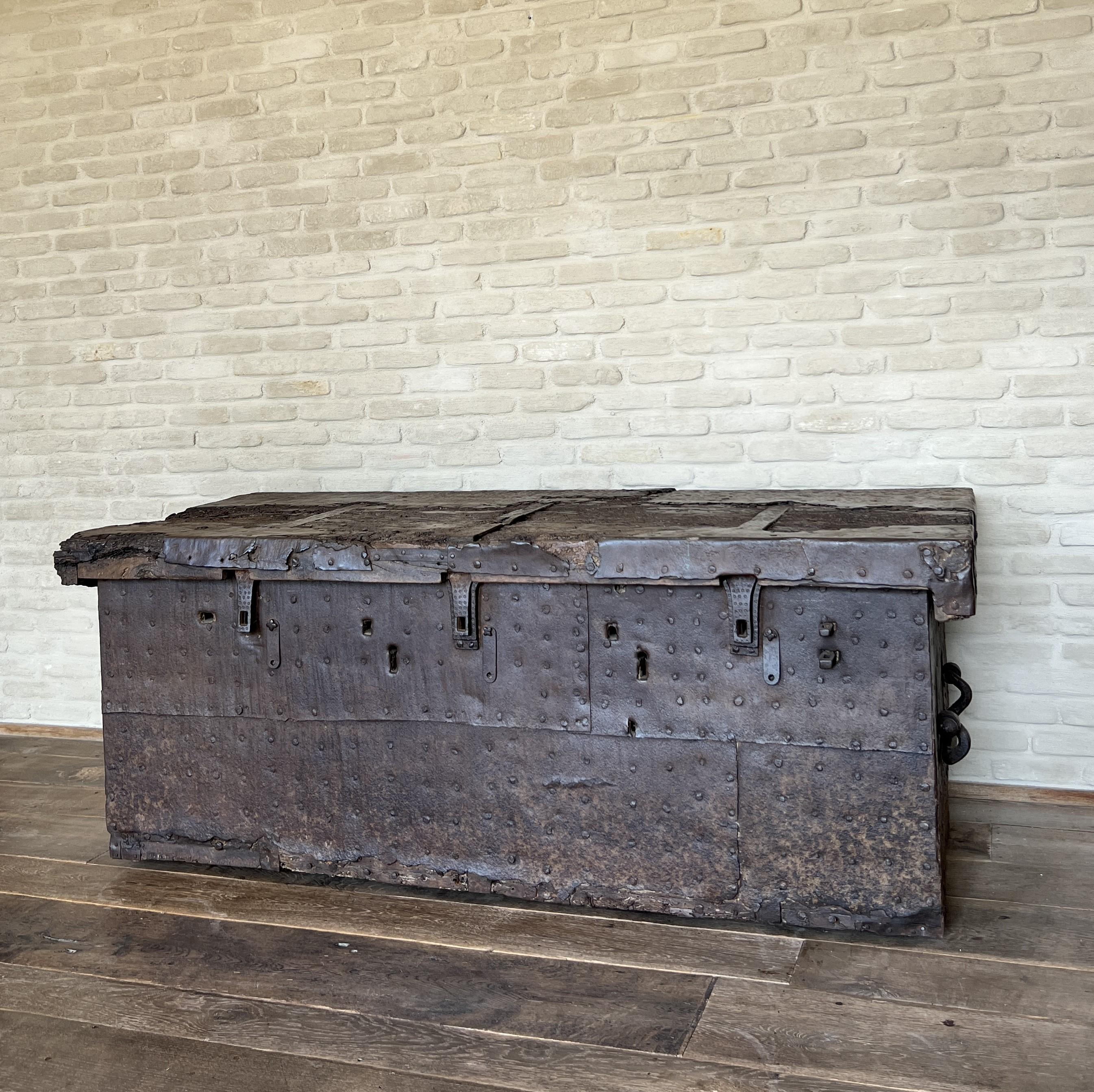 Gothic 16th century large chest strongbox iron and walnut For Sale