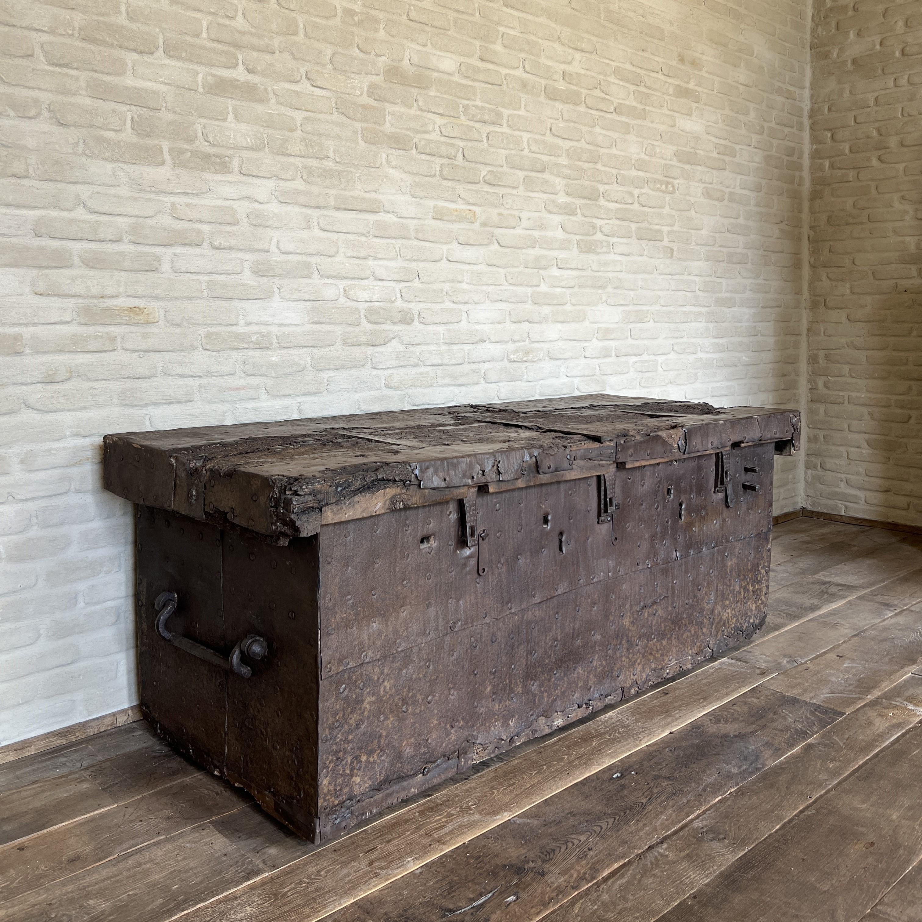 Italian 16th century large chest strongbox iron and walnut For Sale