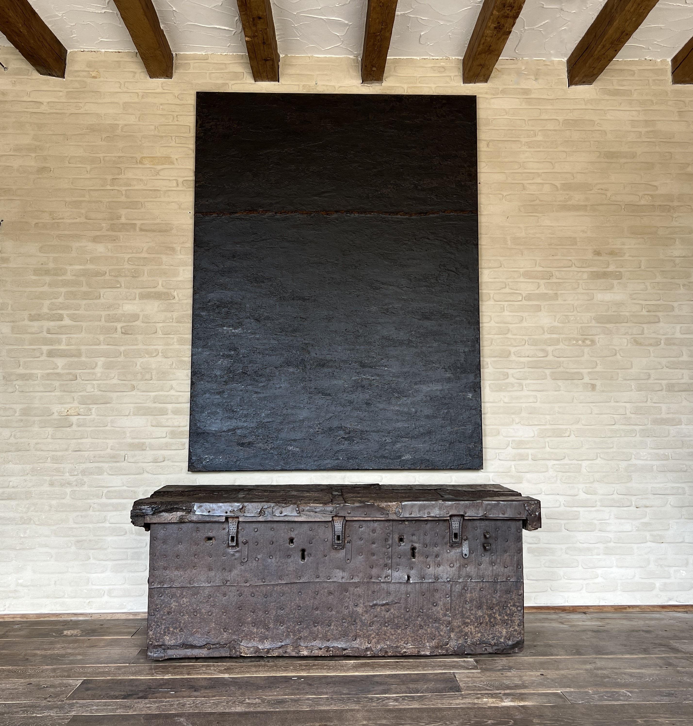 Italian 16th century large chest strongbox iron and walnut For Sale
