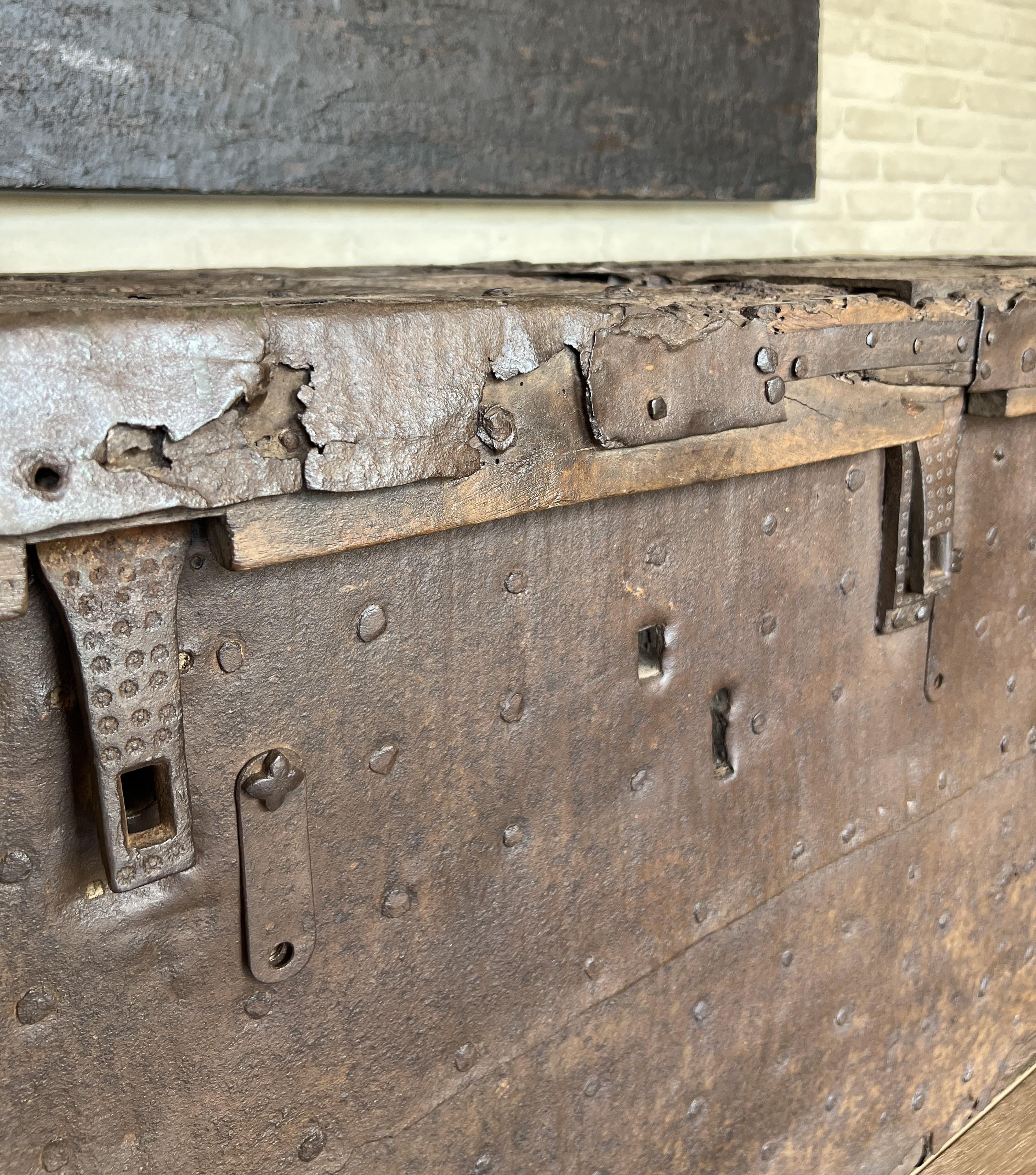 18th Century and Earlier 16th century large chest strongbox iron and walnut For Sale