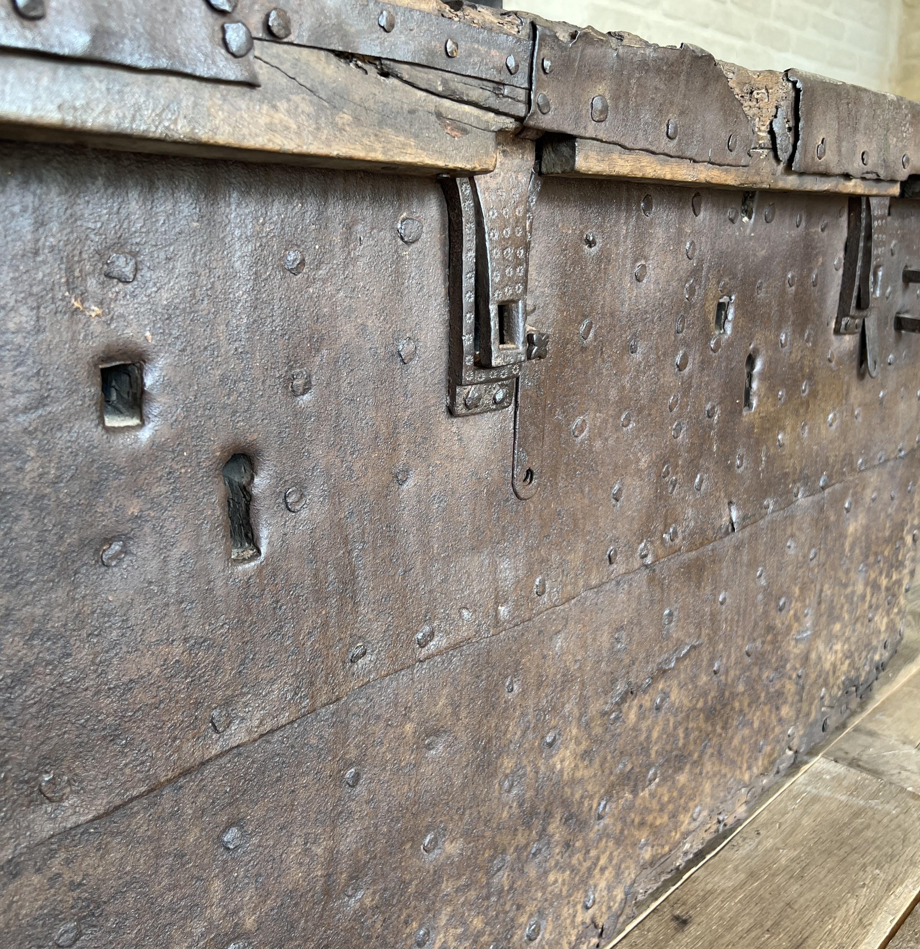 18th Century and Earlier 16th century large chest strongbox iron and walnut For Sale