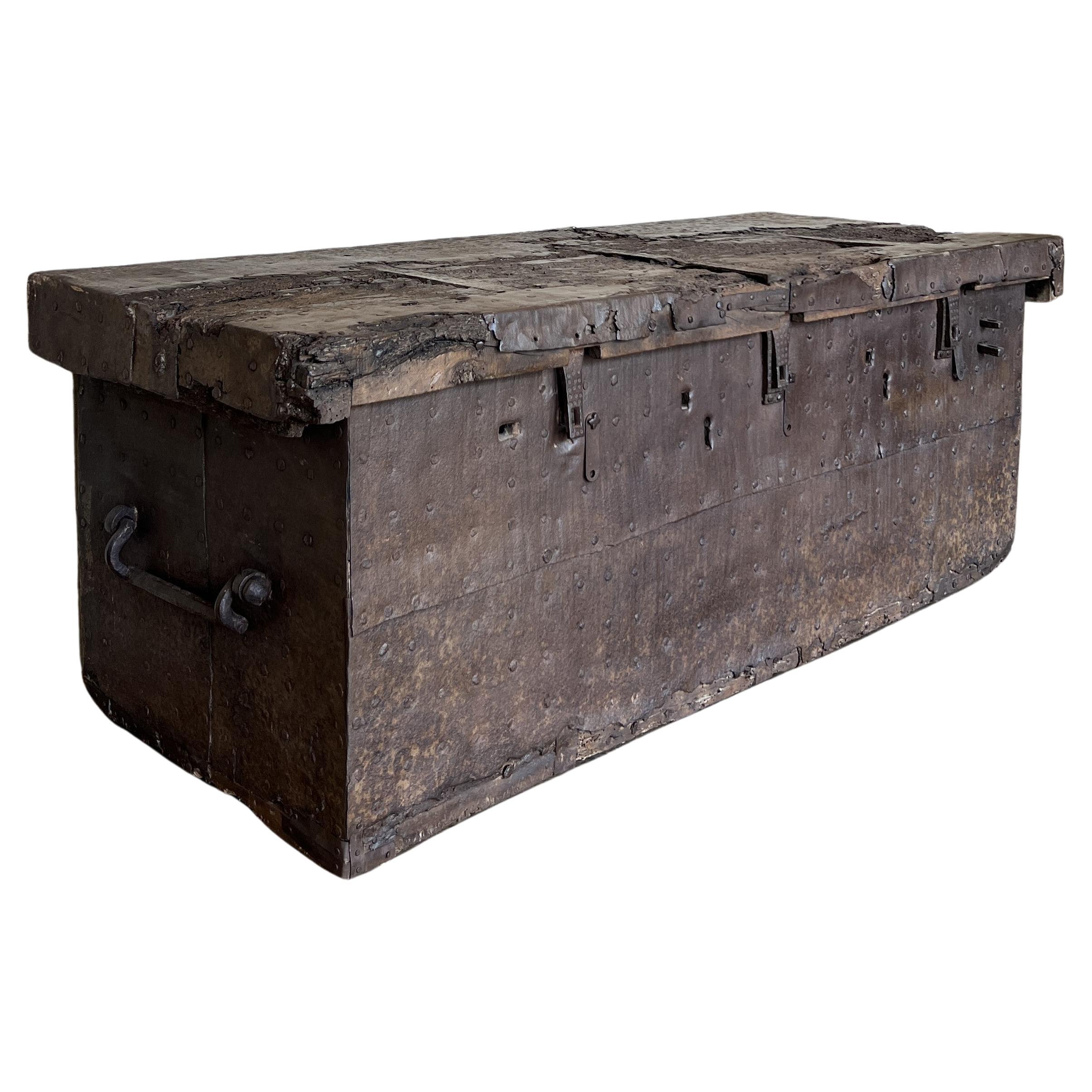 16th century large chest strongbox iron and walnut For Sale