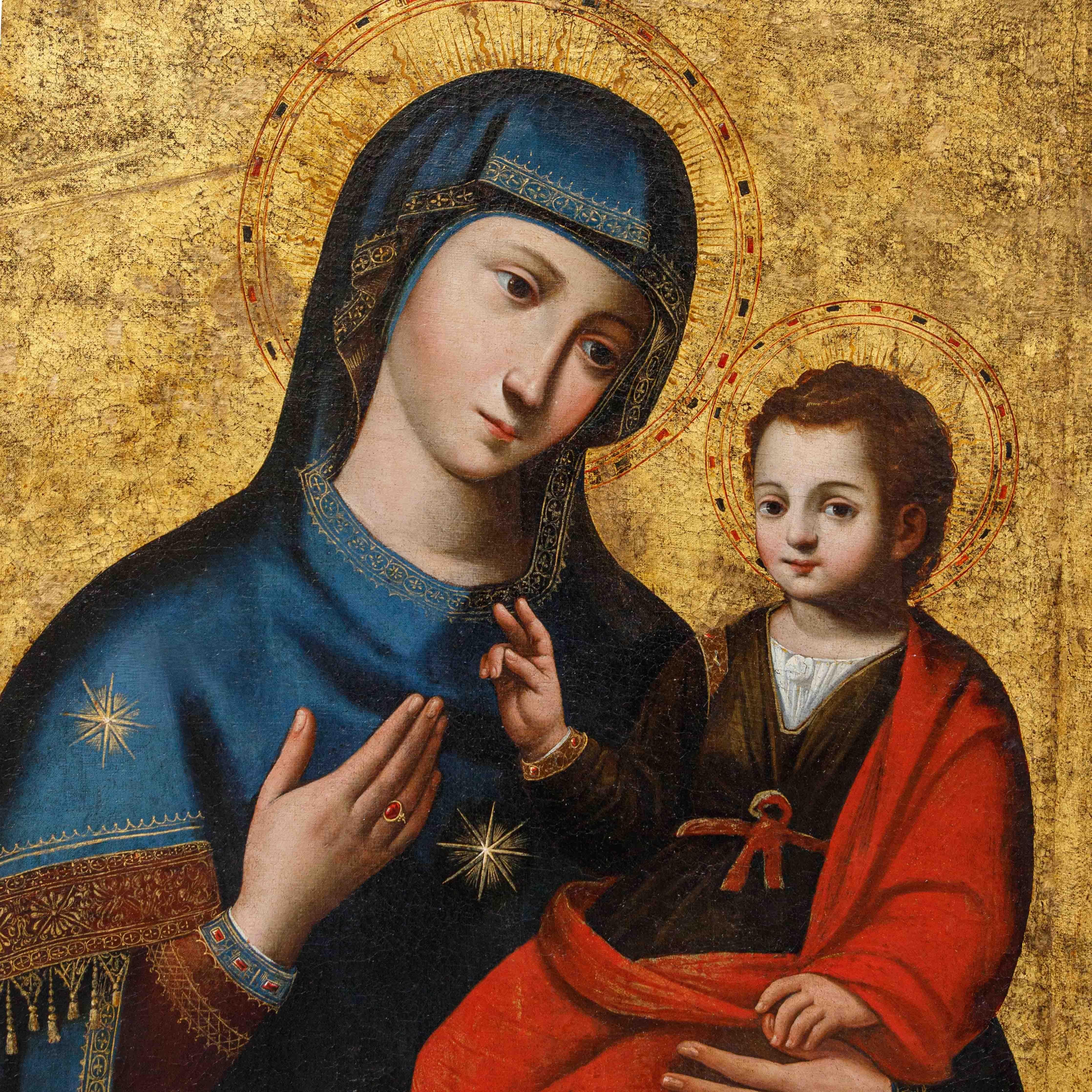 16. Jahrhundert Madonna mit Kind Öl auf Leinwand mit Goldgrund im Angebot 8