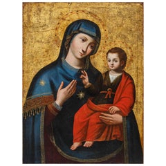 16th century Madonna con bambino Olio su tela a fondo oro