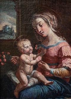 16th Century Madonna of the Carnations Painting Oil on Canvas from Raffaello