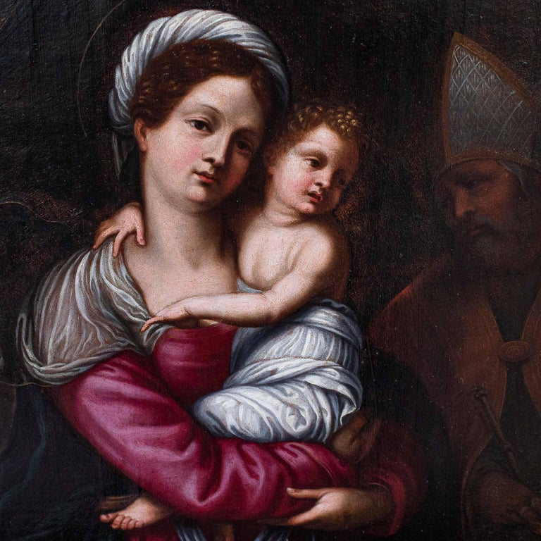 16th Century Madonna with Child and Holy Bishop Painting Oil on Panel ...