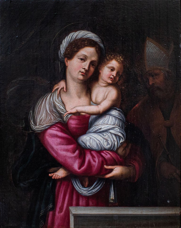 16th Century Madonna with Child and Holy Bishop Painting Oil on Panel ...