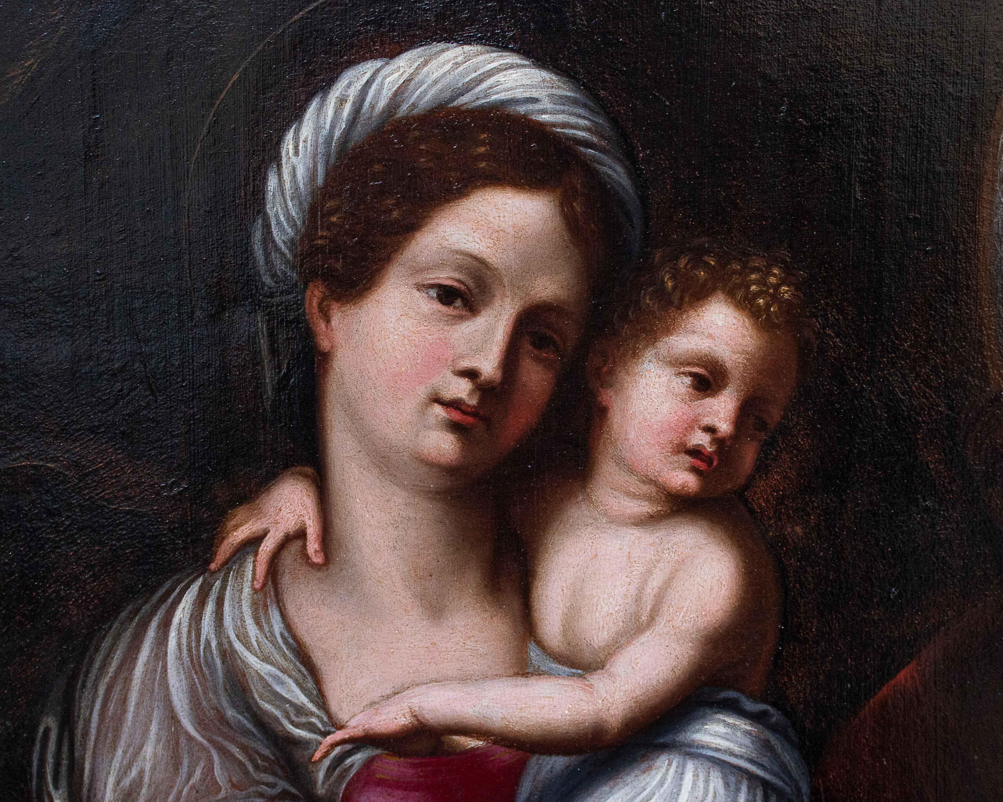 Italian 16th Century Madonna with Child and Holy Bishop Painting Oil on Panel