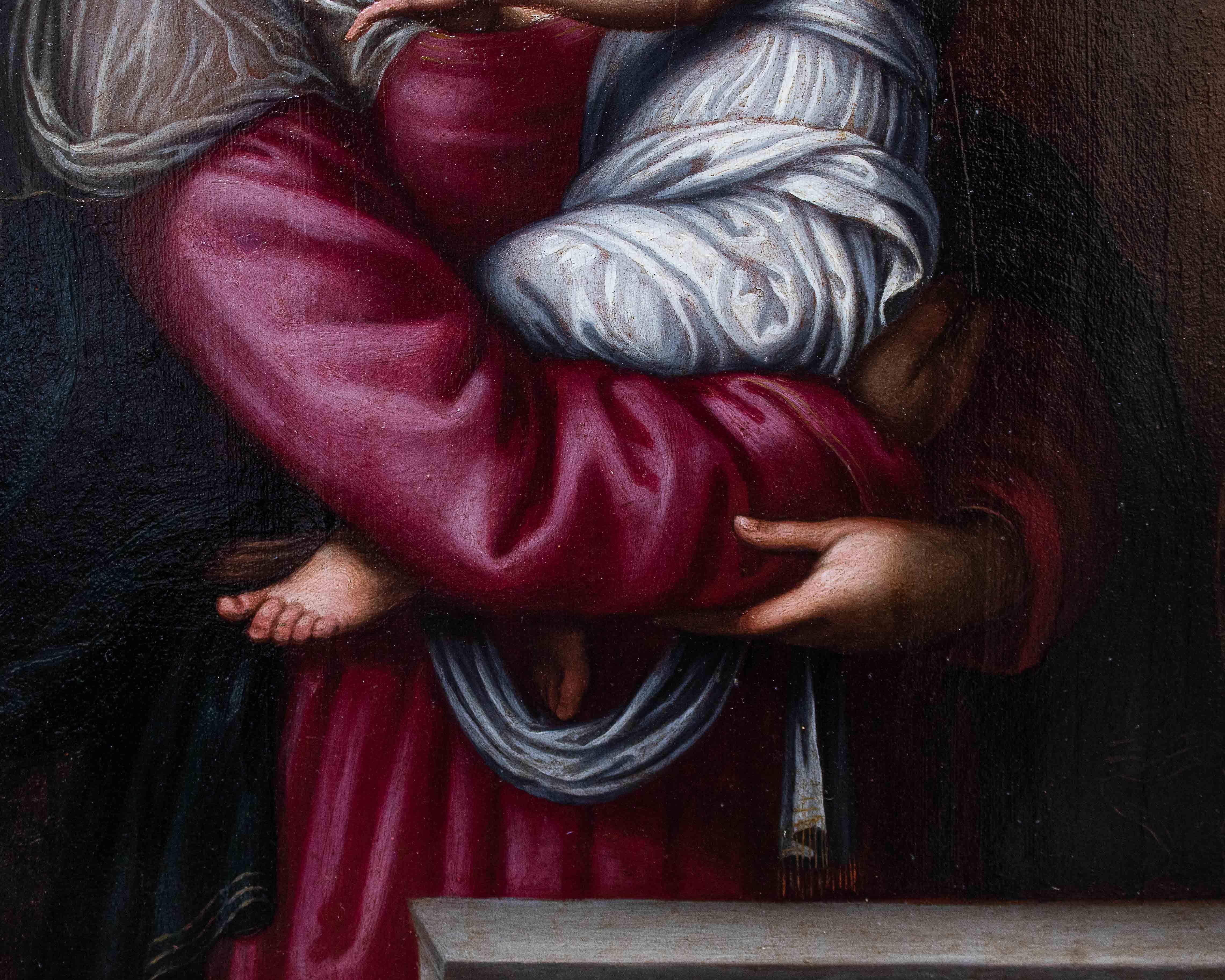 Oiled 16th Century Madonna with Child and Holy Bishop Painting Oil on Panel
