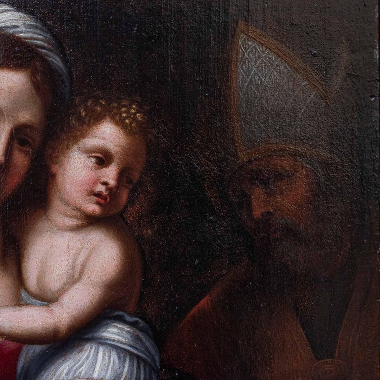16th Century Madonna with Child and Holy Bishop Painting Oil on Panel ...