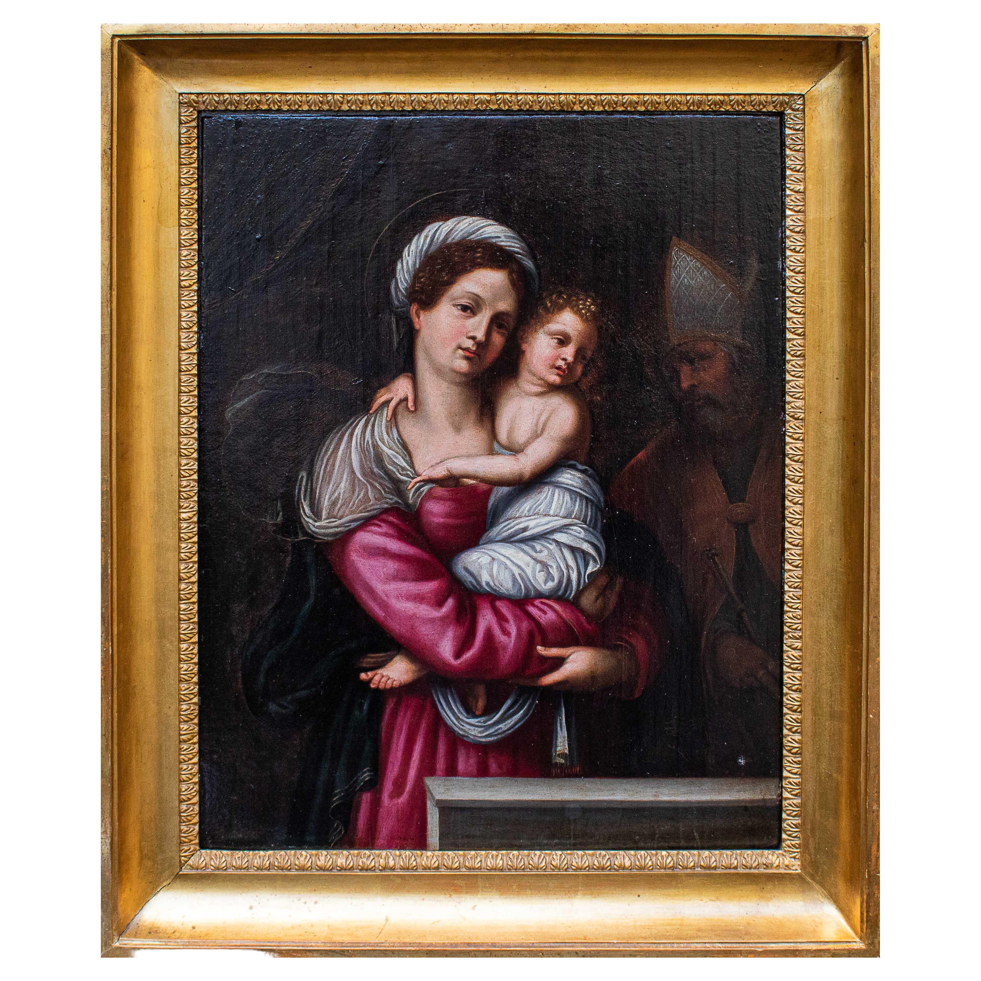 16th Century Madonna with Child and Holy Bishop Painting Oil on Panel