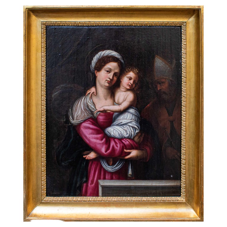 16th Century Madonna with Child and Holy Bishop Painting Oil on Panel ...