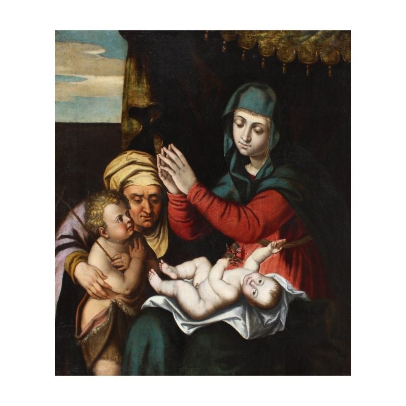 Attr. Scipione Pulzone (Gaeta, c. 1540 - Rome, 1598) Madonna with the Child, San Giovannino and Sant'Anna

Oil on canvas, 118 x 100 cm

Frame 131 x 114 cm

The work in question depicts an intimate scene with the Madonna, San Giovannino and