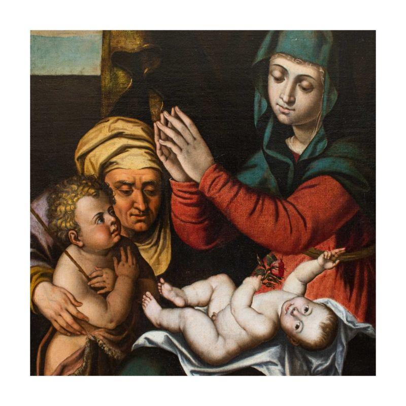 Oiled 16th Century Madonna with Child San Giovannino Sant'Anna Painting Oil on Canvas