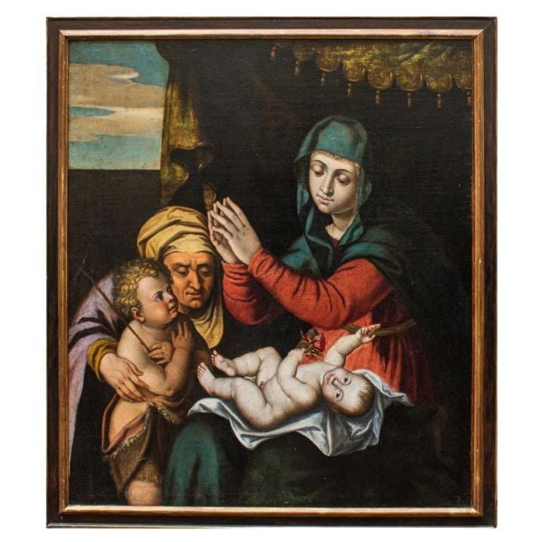 16th Century Madonna with Child San Giovannino Sant'Anna Painting Oil ...