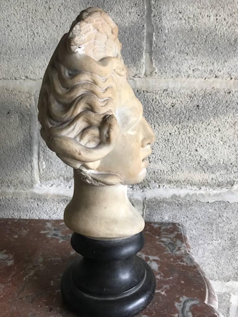 16th century Medusa marble bust. A sculpture of the eponymous character from the classical myth. Mounted on a circular black marble sockolet. Depicted are serpents and wings intertwined in her swiped hair.