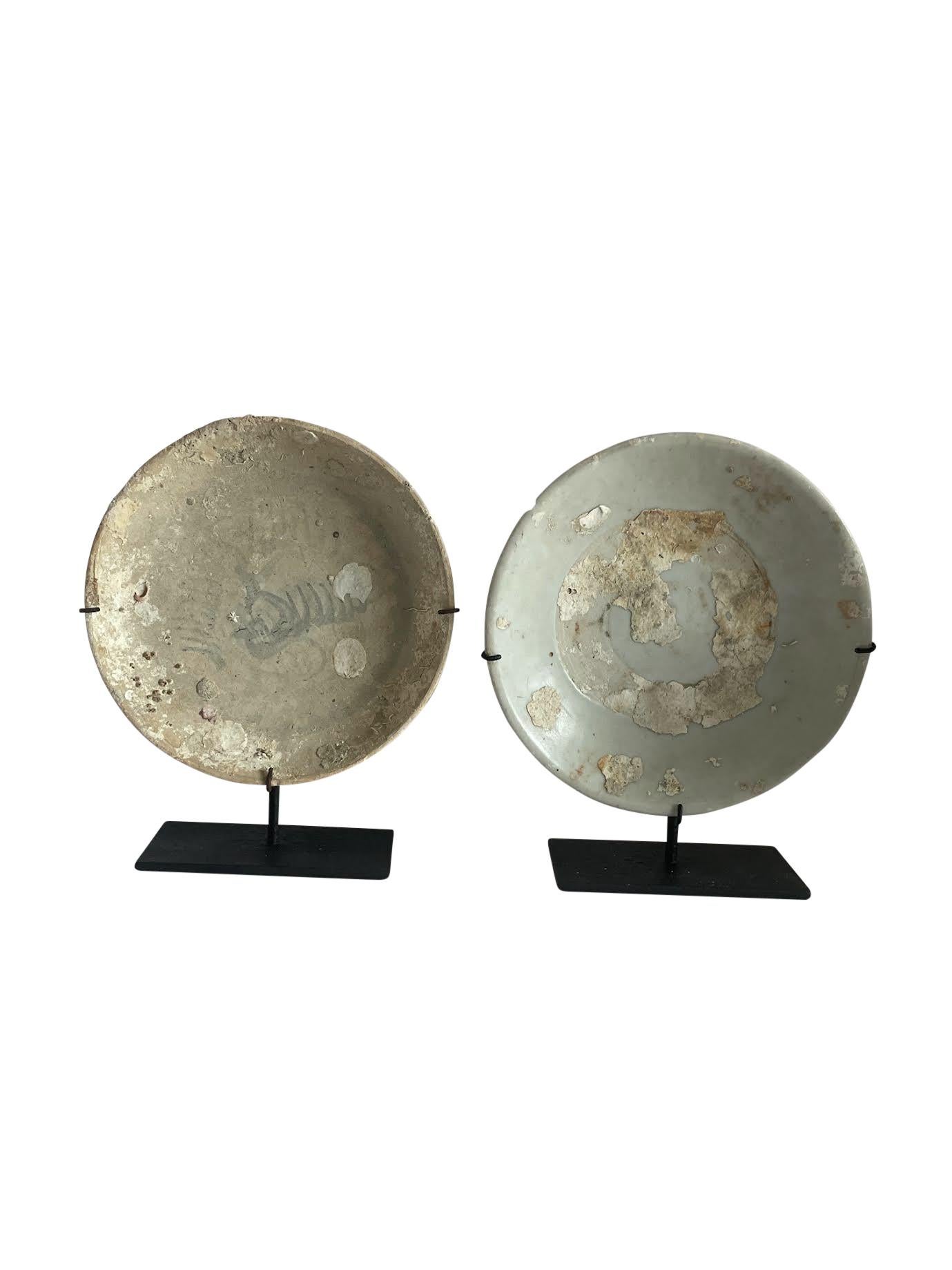 16th century China two ceramic plates discovered from ship wreck. 
From the Ming dynasty.
Beautiful natural weathered patina.
Plates measure 7