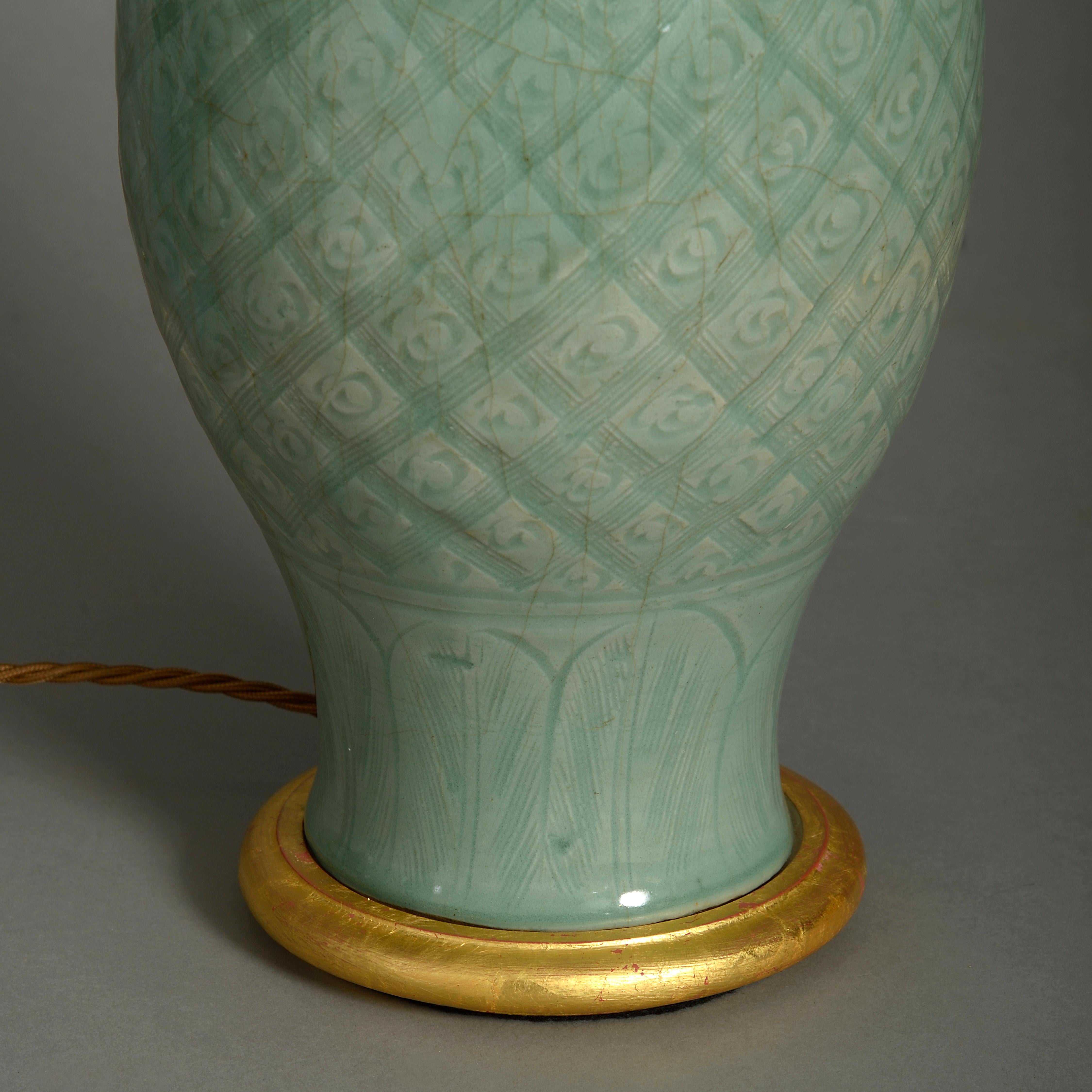 Chinese Export 16th Century Ming Period Celadon Porcelain Vase Lamp