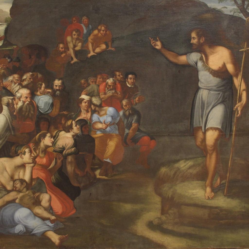 Large religious Italian painting from the end of the 16th century depicting the sermon of St. John the Baptist. Oil on canvas framework of monumental size (light painting: H 178 W 250) for lovers of Italian high-epoch painting. Painting of