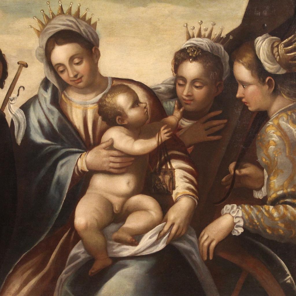 16th Century Oil on Canvas Italian Religious Painting Madonna Child Saints, 1580 For Sale 5