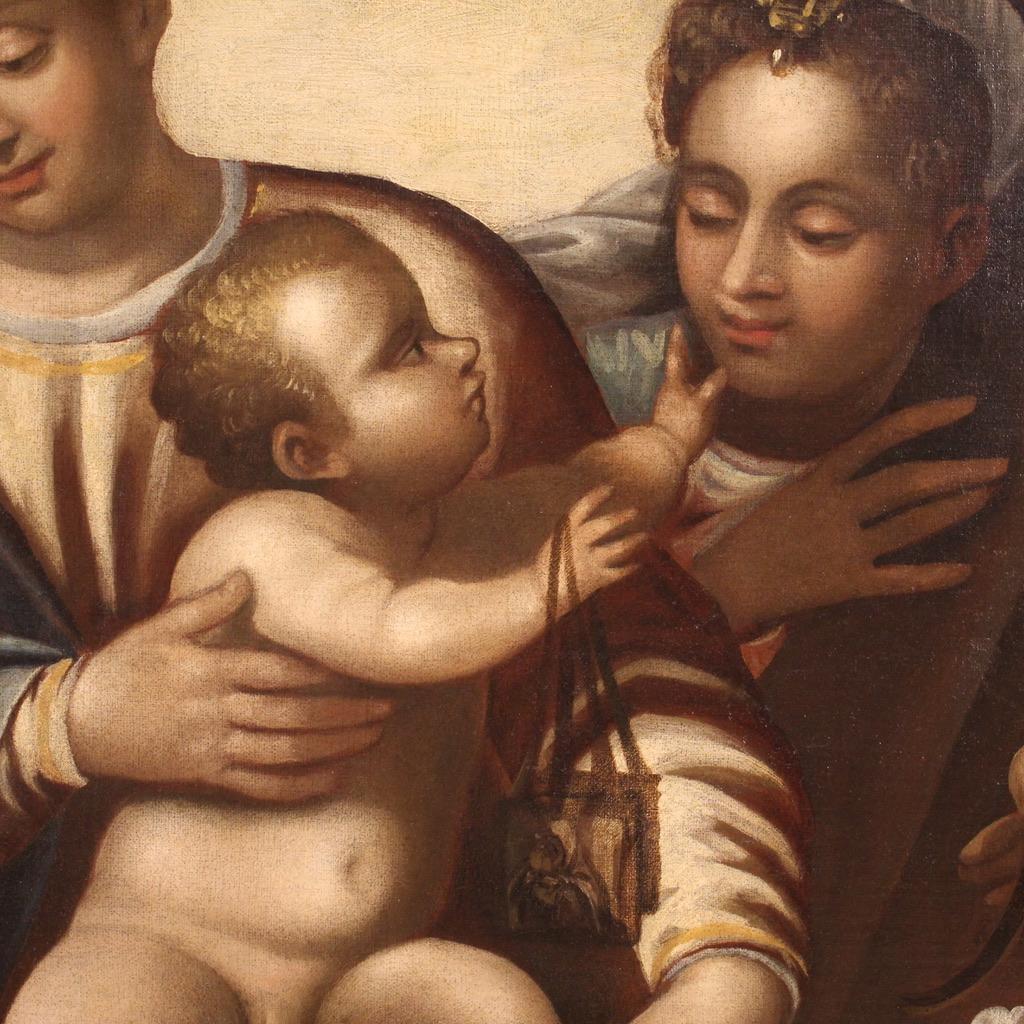 16th Century Oil on Canvas Italian Religious Painting Madonna Child Saints, 1580 For Sale 6