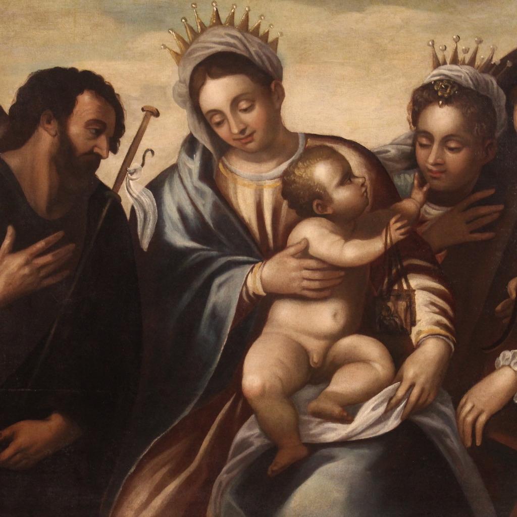 Oiled 16th Century Oil on Canvas Italian Religious Painting Madonna Child Saints, 1580 For Sale