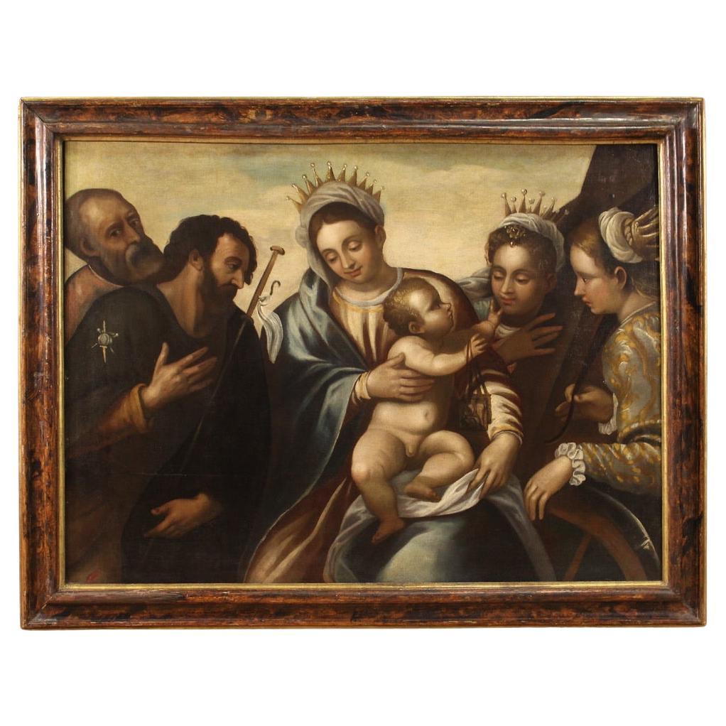 16. Jahrhundert Öl auf Leinwand italienische religiöse Malerei Madonna Kind Heilige, 1580 im Angebot