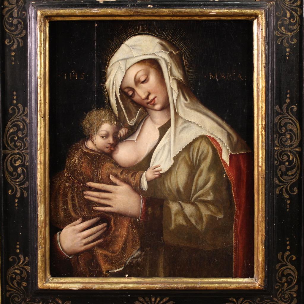 A rare 16th-century Italian painting. An oil on panel painting depicting a refined Madonna with Child, this artwork is of extraordinary pictorial quality. The most popular iconographic subject of the time is the Madonna del Latte, or Madonna of the